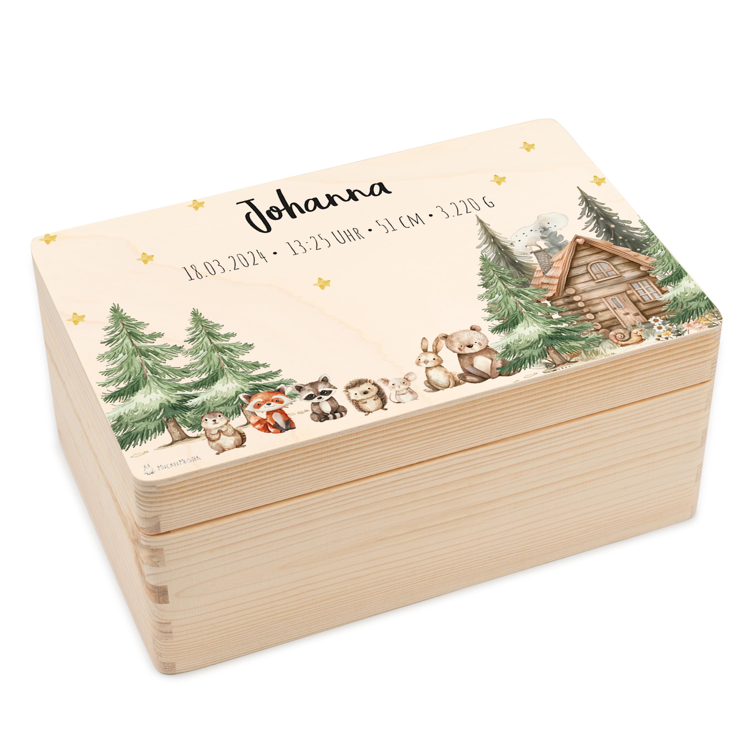 Geschenkfreude Erinnerungsbox Baby Personalisiert - 30x20x14cm - UV-Druck - Individuelle Baby Aufbewahrungsbox - tolle Erinnerungskiste aus Holz - Einzigartige Geschenke zur Geburt - Waldfreunde