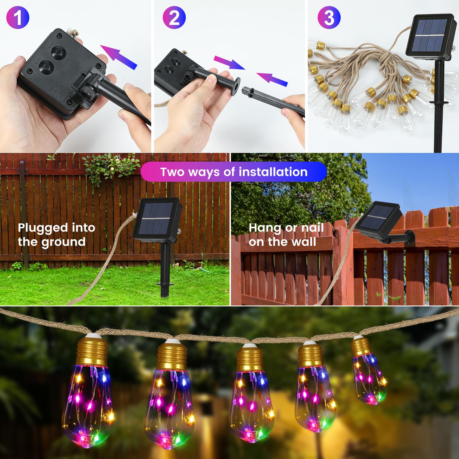 Solar-Lichterkette für den Außenbereich, 7,6 m, Vintage-Seil, Hanf-Solarleuchten mit 20 bruchsicheren Leuchtmitteln, 8 Modi, solarbetriebene Lichter mit Memory-Funktion, wasserdicht für Zaun, Balkon,