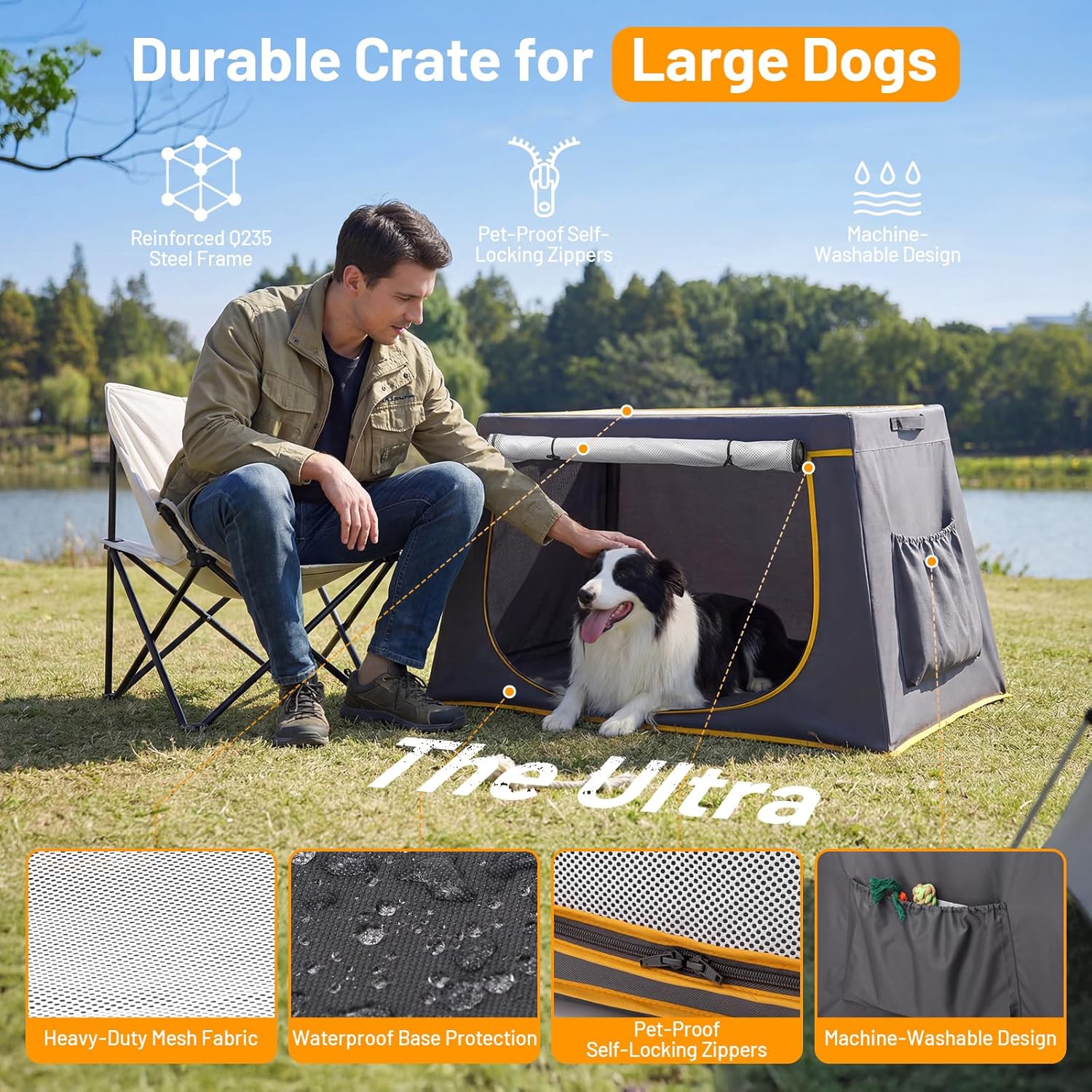 43 Inch Collapsible Travel Dog Crate for Medium Large Dogs, Portable Travel Kennel with Storage Pocket, Mesh Windows for Indoor & Outdoor Travel, 43.3” L x 24 ”W x 16.14 ”H, Dark Grey