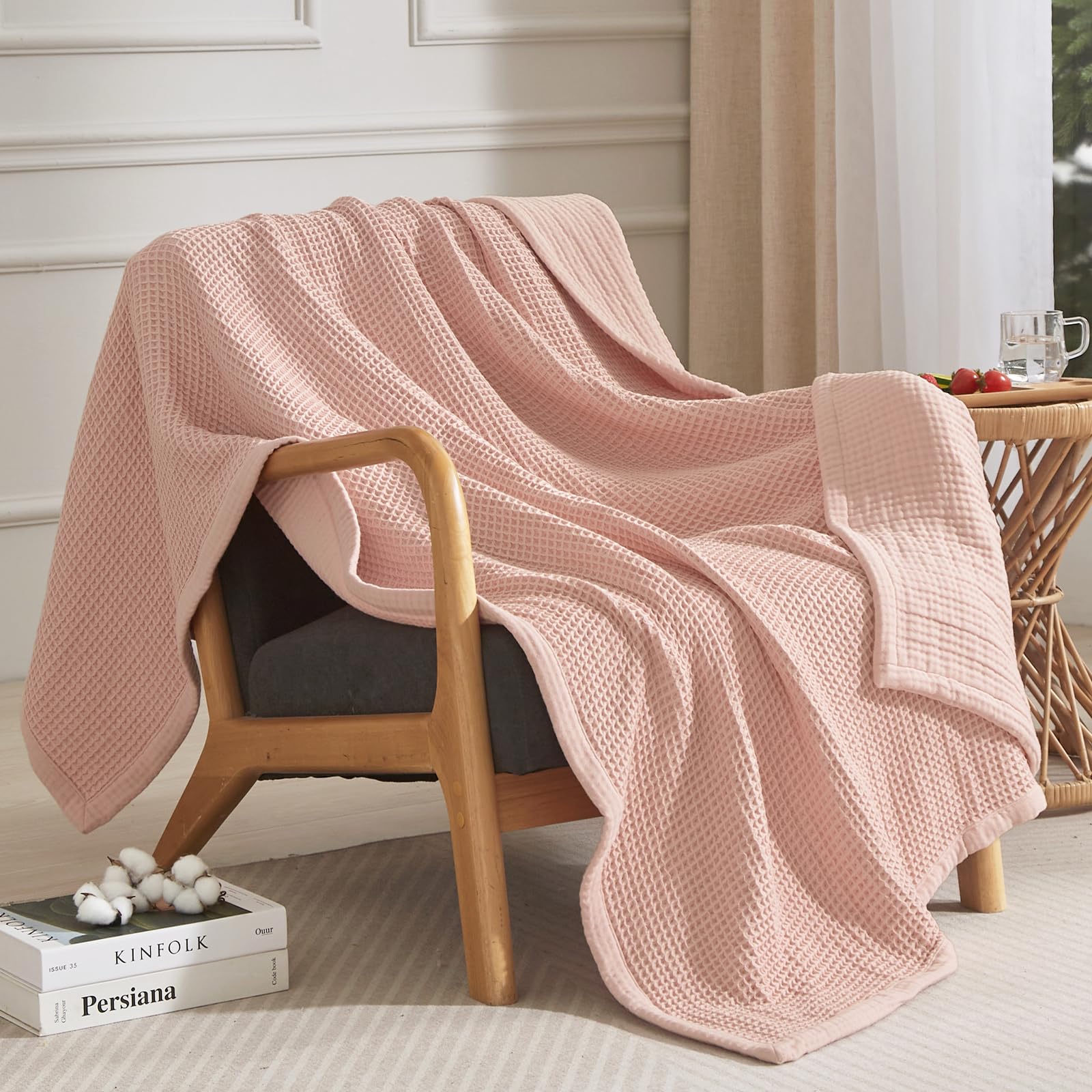 PHF 100% Cotton Waffle & Muslin Throw Blanket Large, Soft Breathable Luxury 400GSM Versatile Reversible Bedding for Couch, Great for Layering in Cold Weather, Home Decor Gift, 50" x 70", Rose Smoke