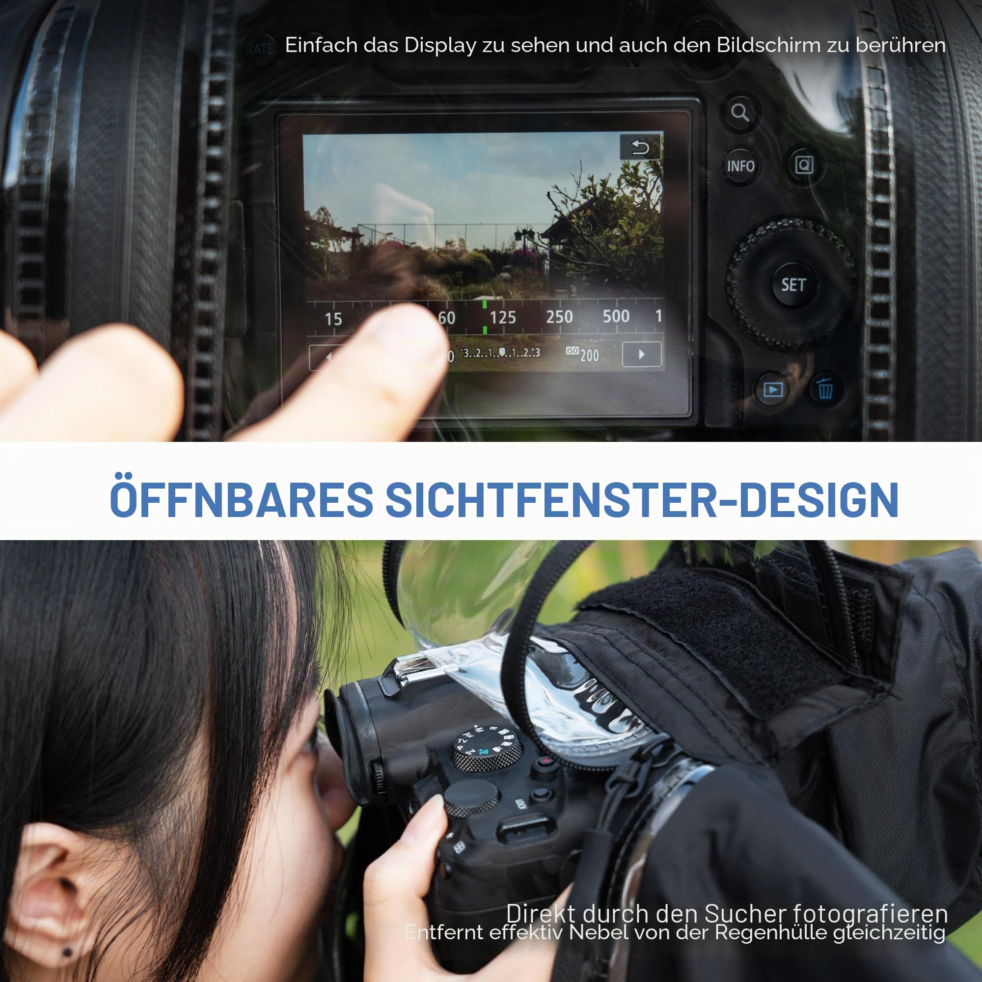 Canon Sony Nikon DSLR Regenschutz - Upgraded Transparent Window Design, Wasserdicht, Schwarz Nylon, Kompatibel mit Kamera + Objektiv bis 180x140x230 mm