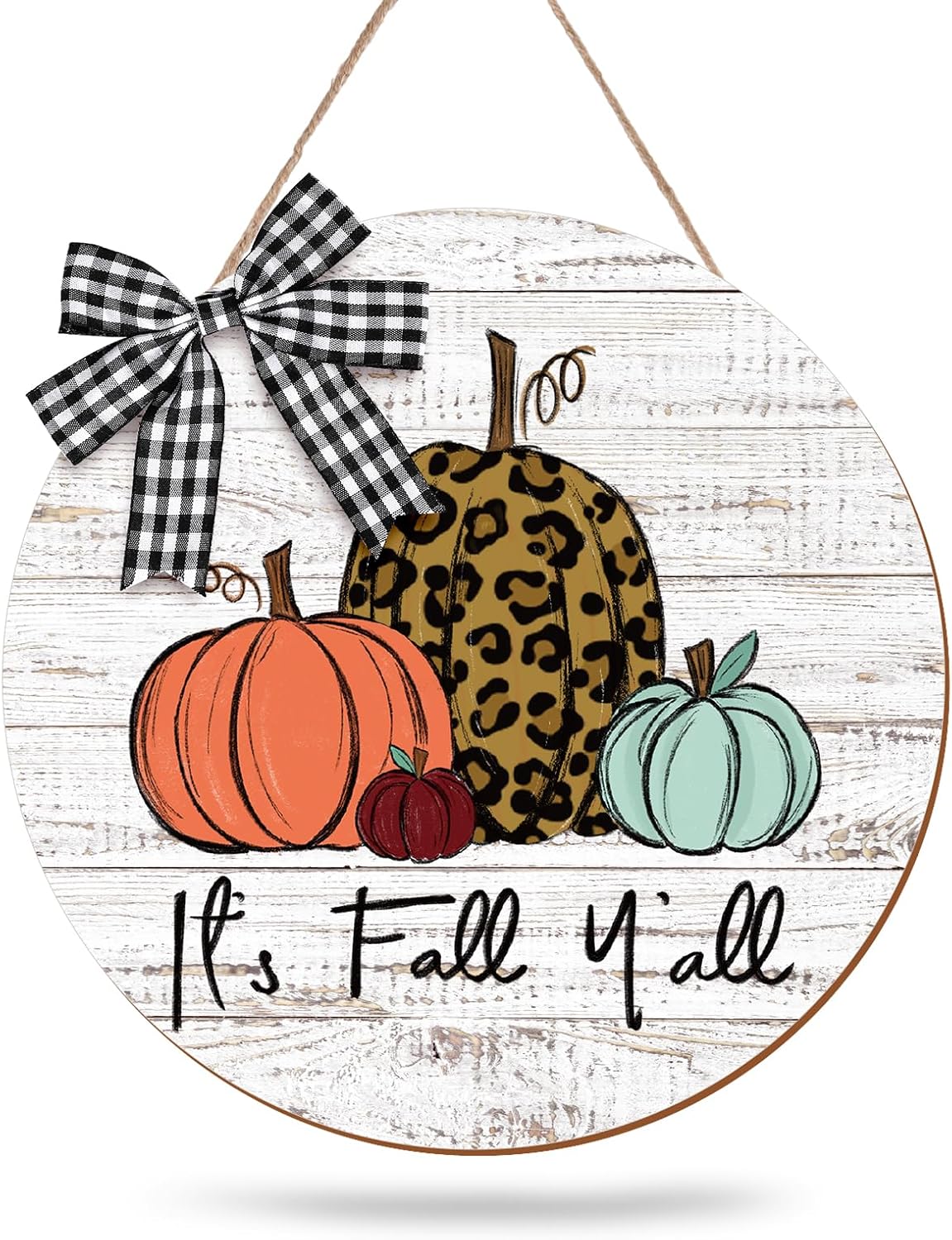 Whaline Fall Pumpkin Wooden Hanging Sign It's Fall Y'all Front Door Decor with Bow Rustic Farmhouse Wall Decoration for Autumn Harvest Thanksgiving Holiday Home Office Window