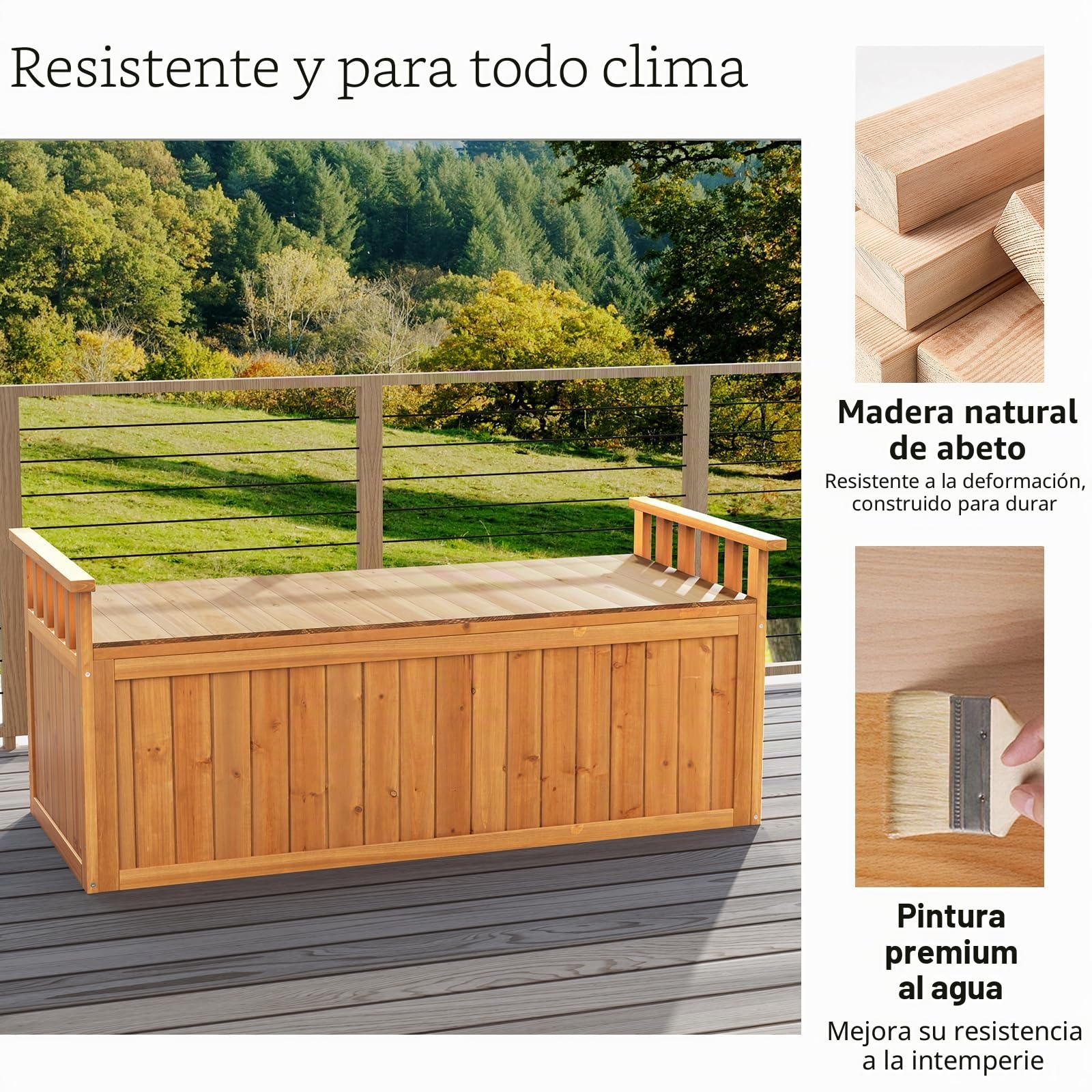 HOMASIS Arcón de Jardín Impermeable, Banco de Madera de Abeto, Arcón de Almacenamiento con Tapa y Reposabrazos, Caja de Cojines Resistente a La Intemperie para Jardín, 128 x 58 x 53 cm (Natural)