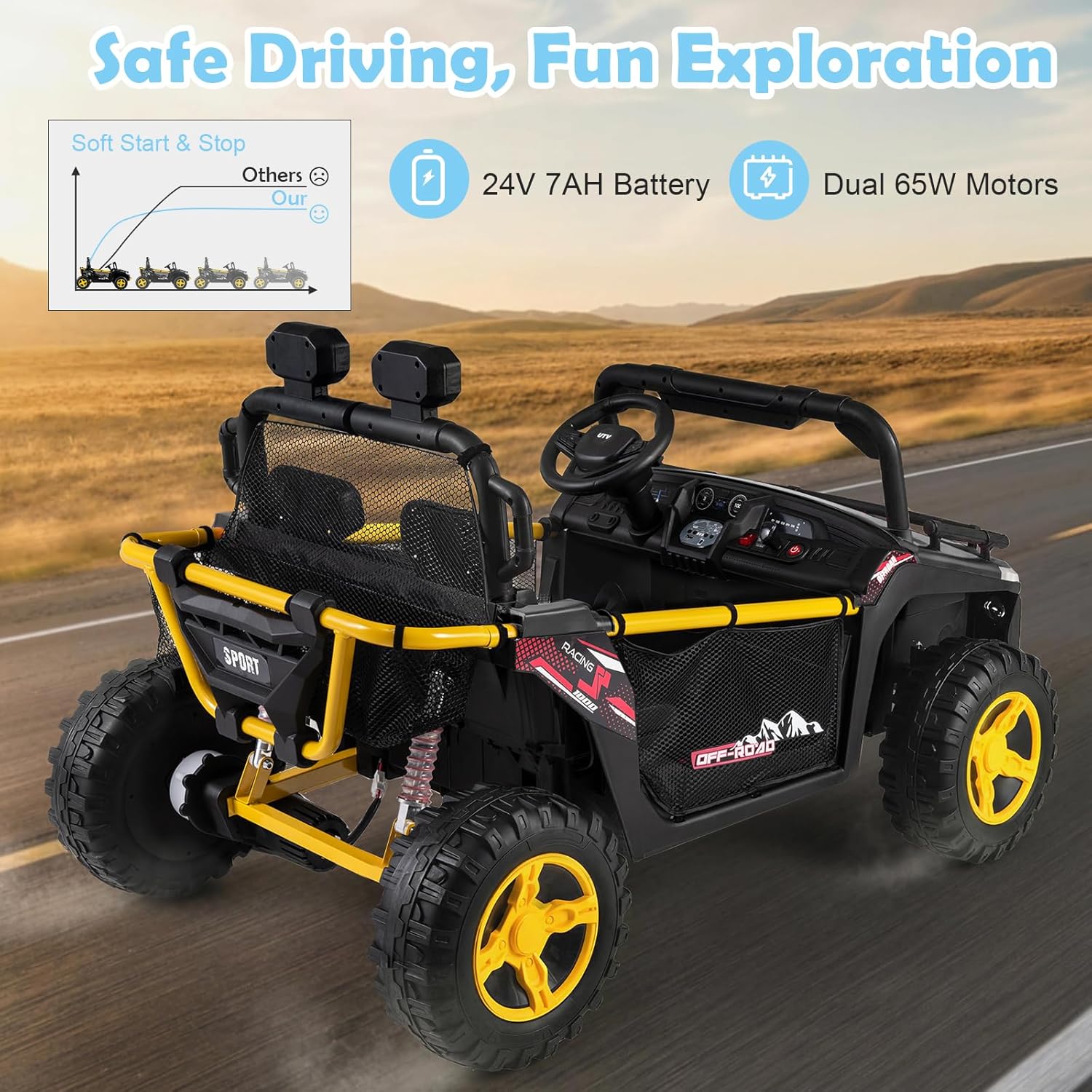 Costzon 24V Ride on Toys for Big Kids, 2 Seater Ride on UTV Off-Road Truck with Remote Control, Storage & Pull Rod, Horn, Music, Story, Lights, Electric Vehicle Kids Car for Boys Girls (Black)