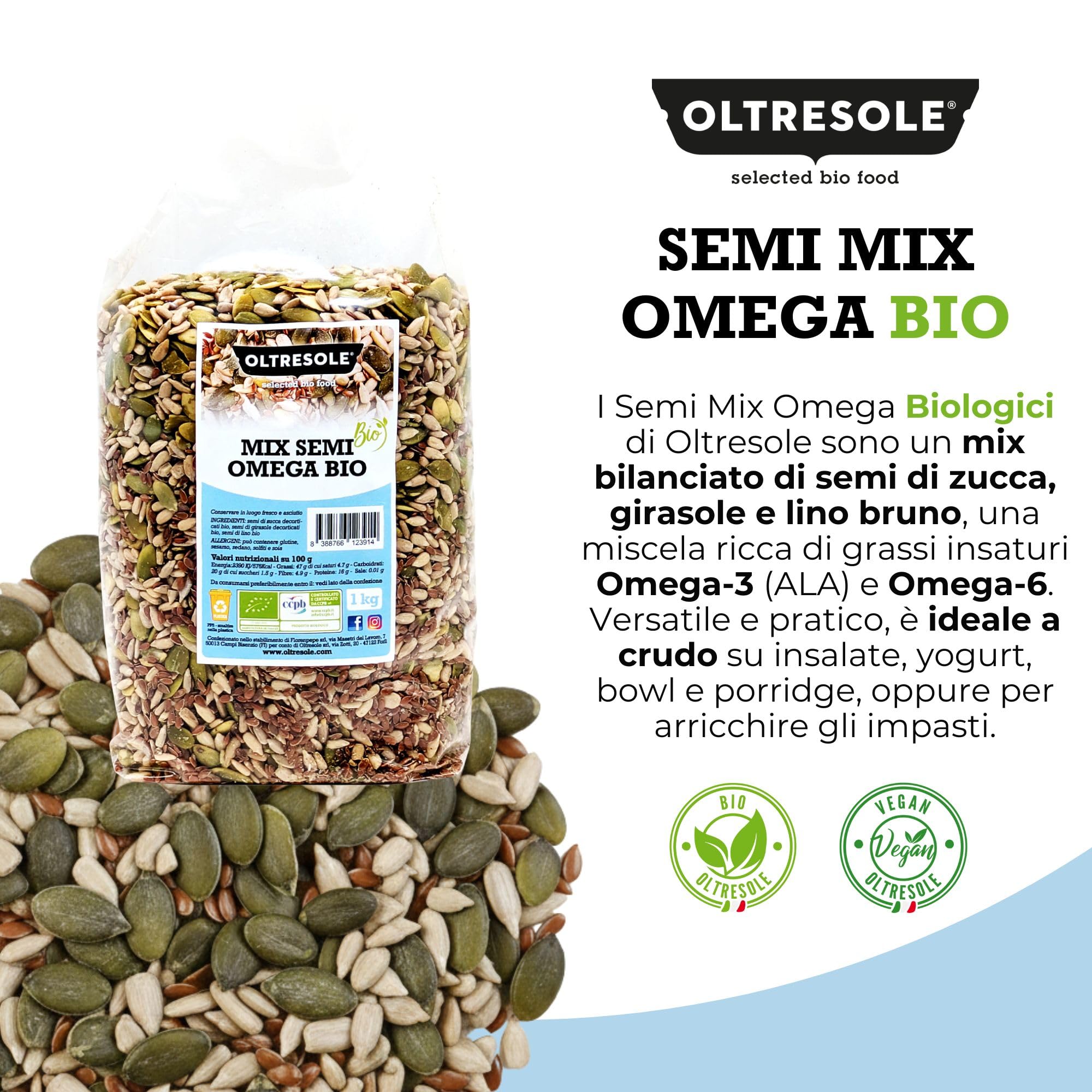 Oltresole, Mezcla De Semillas Omega Ecológicas 1 Kg (Calabaza, Girasol Y Lino), Mezcla De 3 Semillas Oleaginosas Crudas Enteras, Ricas En Proteínas, Fibra Y Omega 3