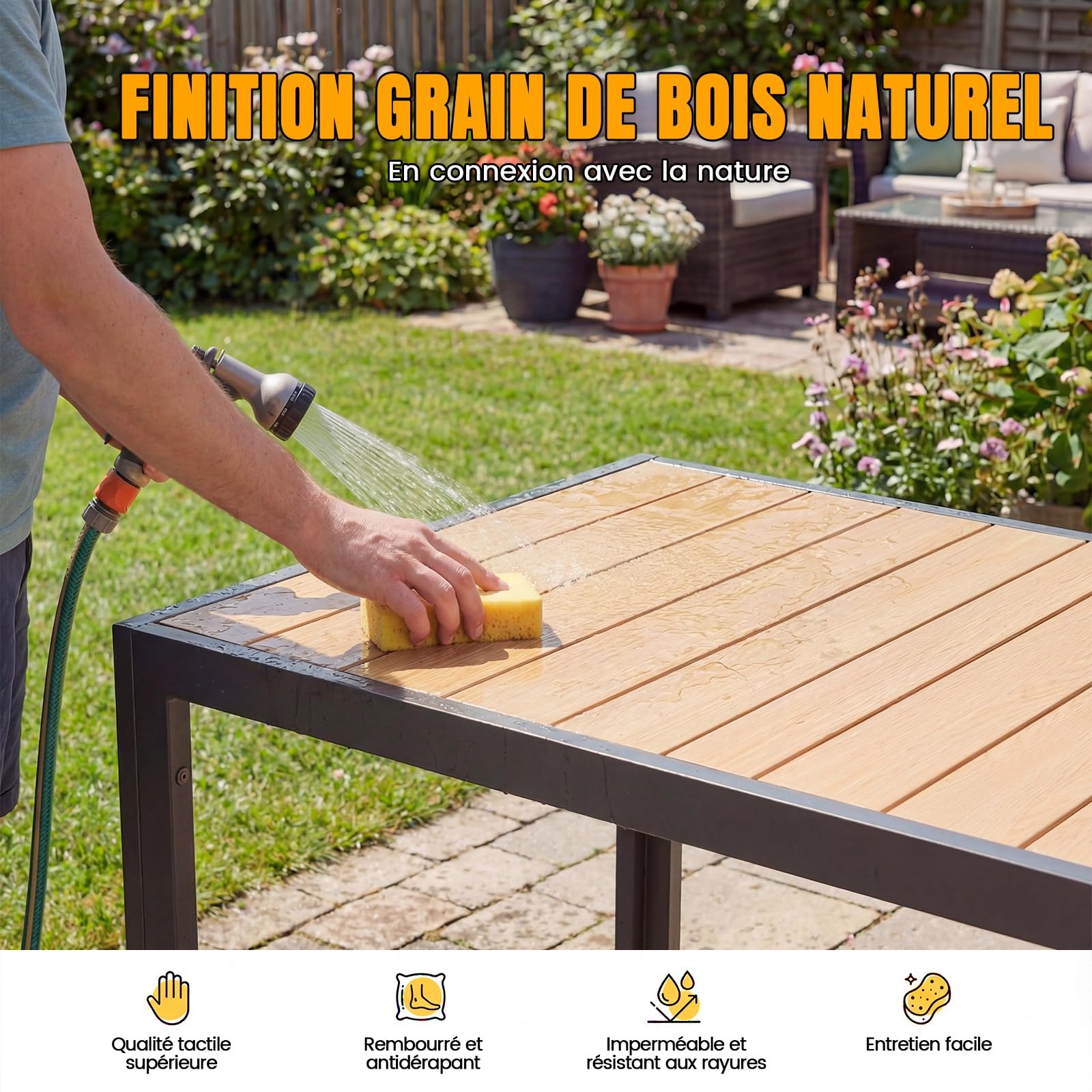 Devoko Salon de Jardin Exterieur 7 Pièces, Composé Table 150 cm en Aluminium et 6 Chaises Pliantes, Table de Jardin avec Finition à Veine de Bois et Chaises de Terrasse, Balcon, Naturel