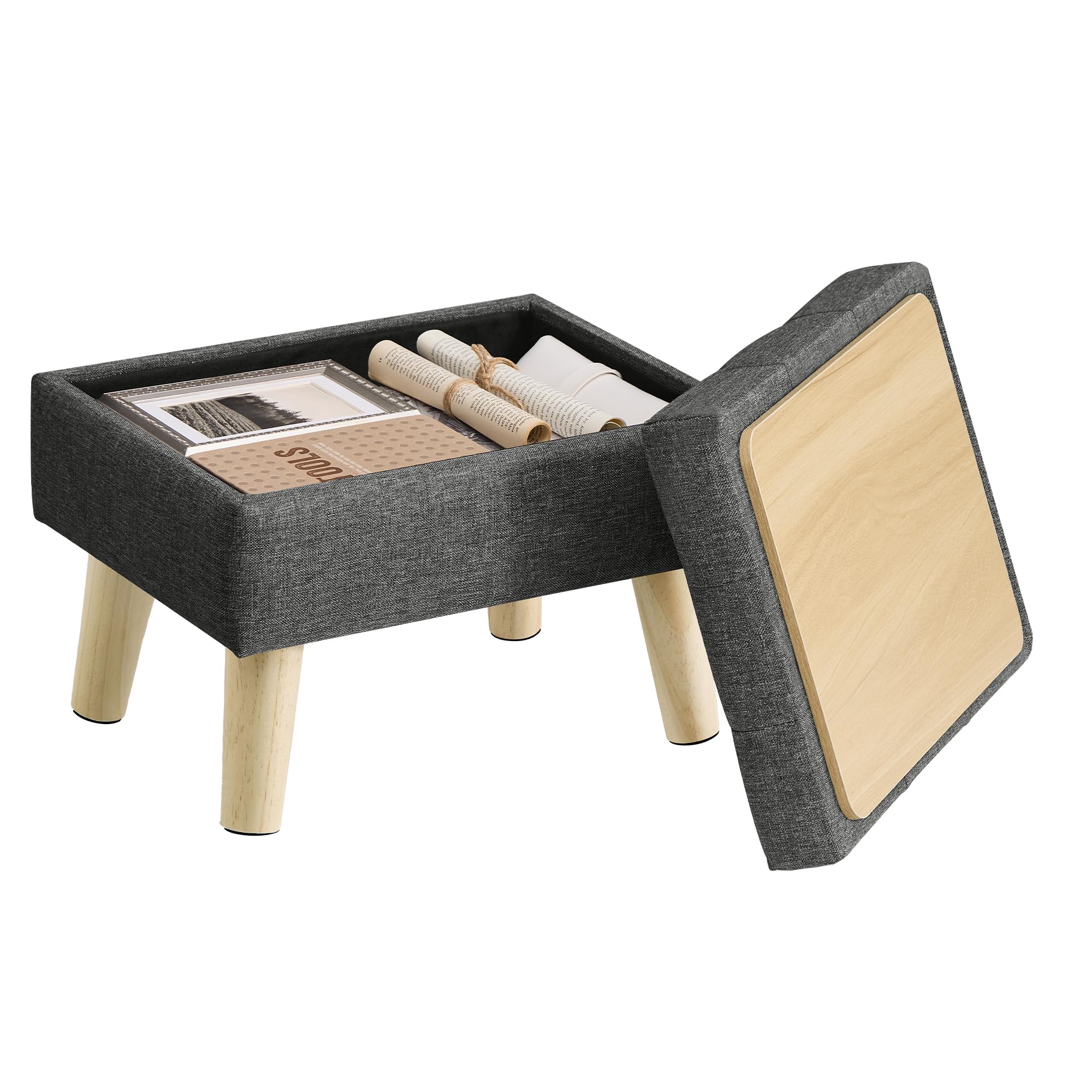 SONGMICS Storage Ottoman, Foot Stool, Ottoman with Padded Seat, Foot Rest with Wood Legs, Small Table, for Hallway, Living Room, 30 x 40 x 29 cm, Linen-Look Fabric, Slate Grey LOM517GN02