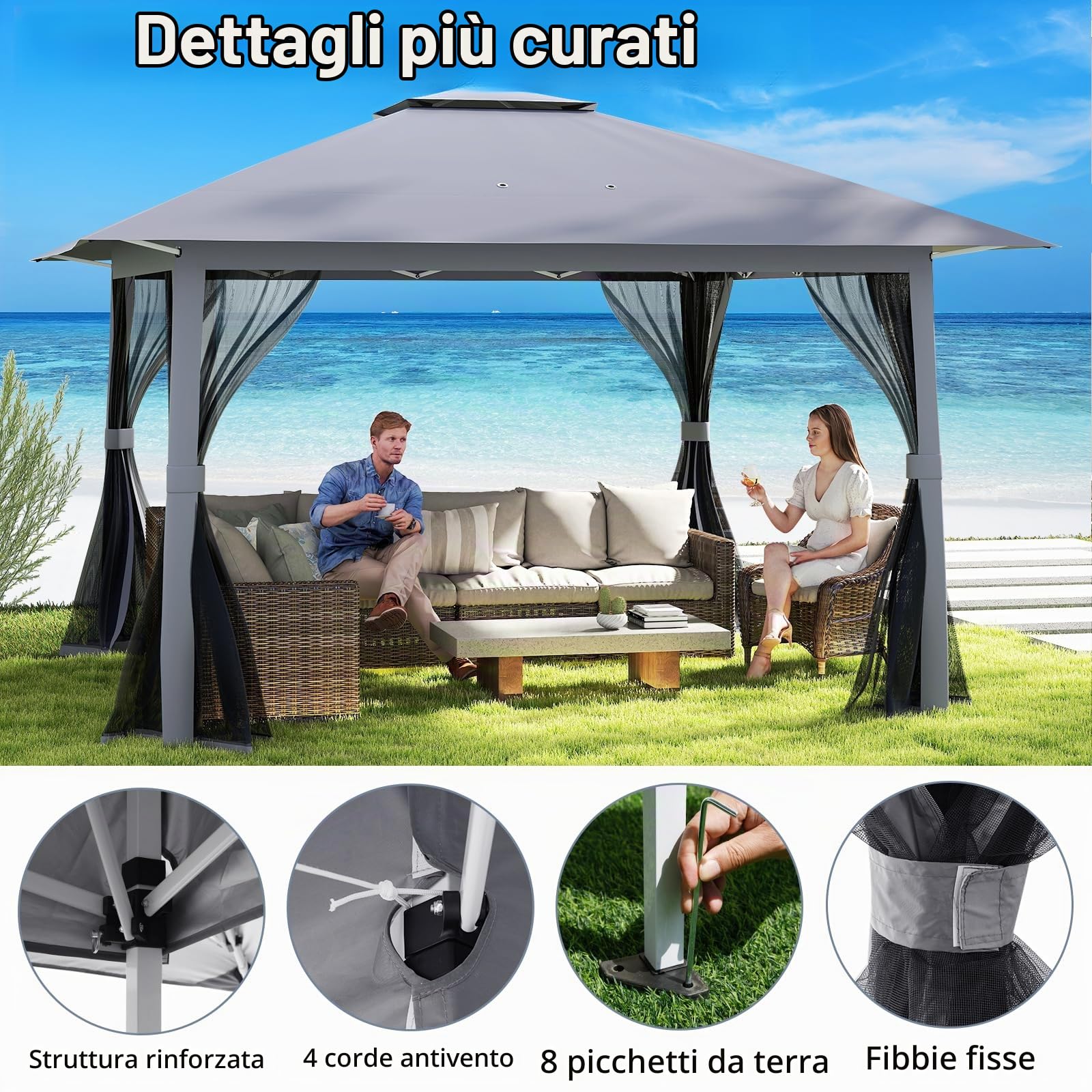 HOMASIS Gazebo con Zanzariera, Pergola 4x4 m Regolabile in Altezza, Gazebo Pieghevole e Impermeabile, Telaio in Metallo, Tenda da Esterno per Campeggio, Feste, Piscina, Grigio