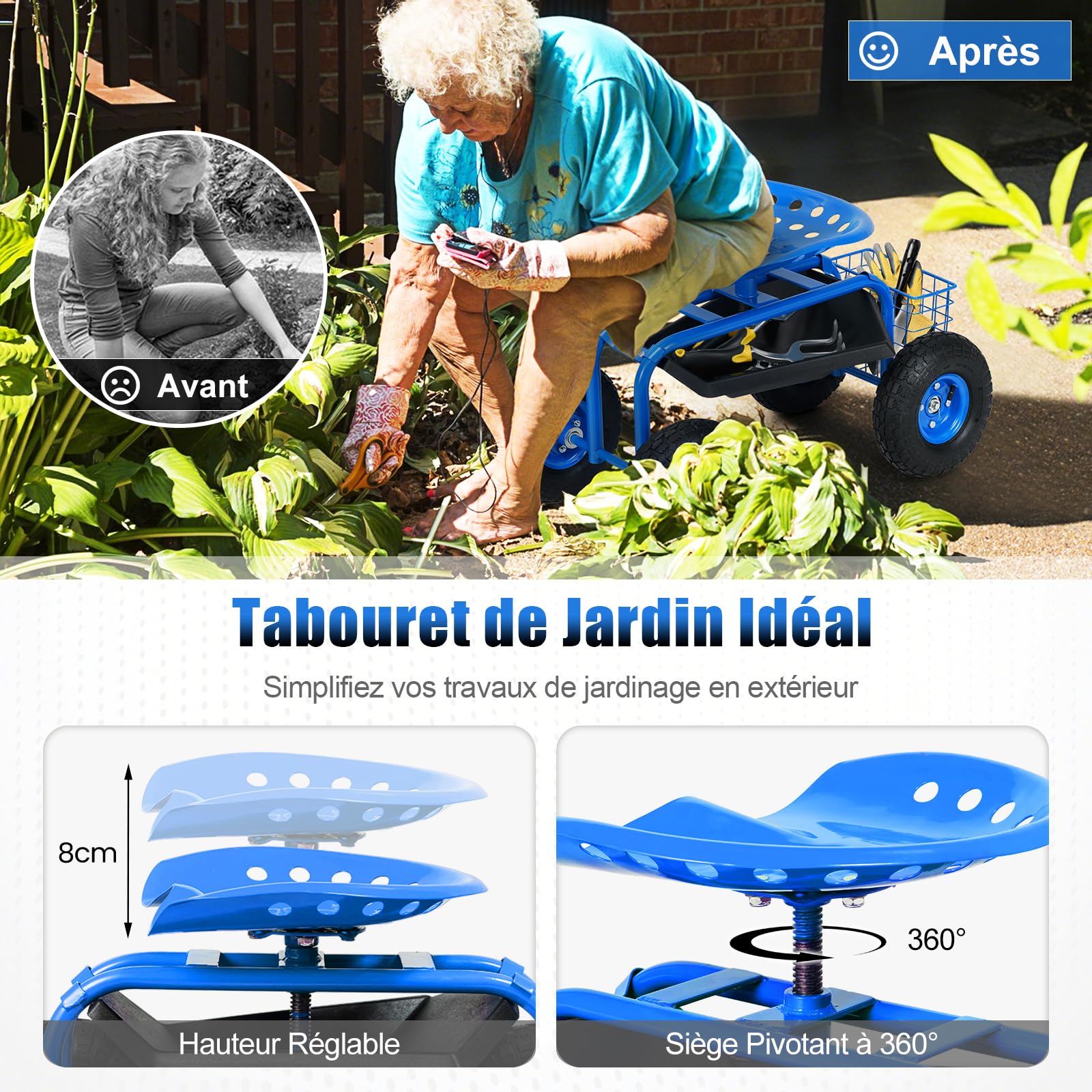 RELAX4LIFE Chariot de Jardinage Roulant, Siège Roulant avec Hauteur Réglable et Pivotant à 360°, Plateau à Outils, Panier de Rangement, Siège de Jardin avec Roues, pour Pelouse Jardin (Bleu)