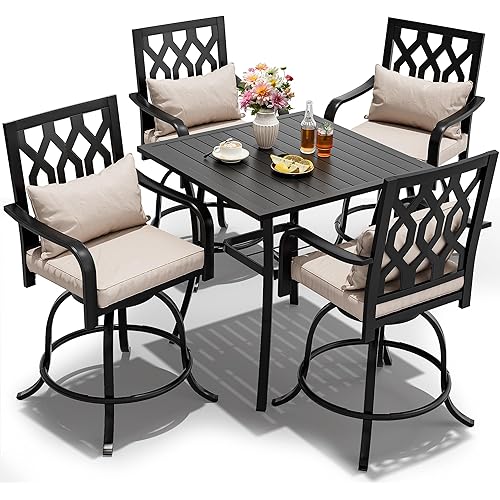 5 Piece Patio Bar Set, 32" Square Patio Bar Table (Umbrella Hole) and Outdoor Bar Stools Set of 4, Metal Patio Bar Table and Chairs Set Ideal for Lawn Garden Porch, Ivory, Candy Back