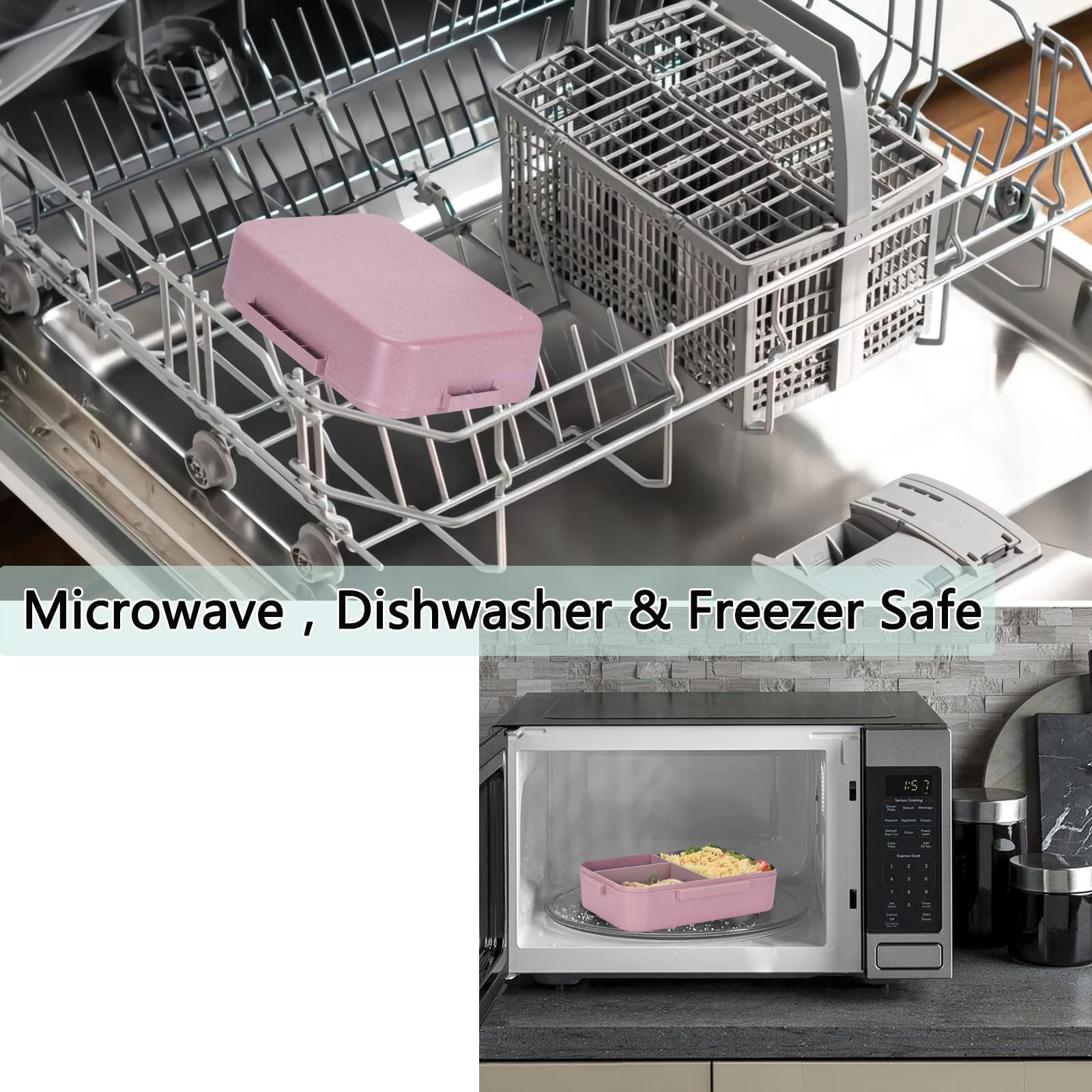 Homestockplus 2045ml Wheat Fiber Large Lunch Bento Box, 5 Compartment Lunch Container with Removable Compartments, Leak Proof Lunch Box for Over 8 years old, Easy Open for School Work Picnic -Pink