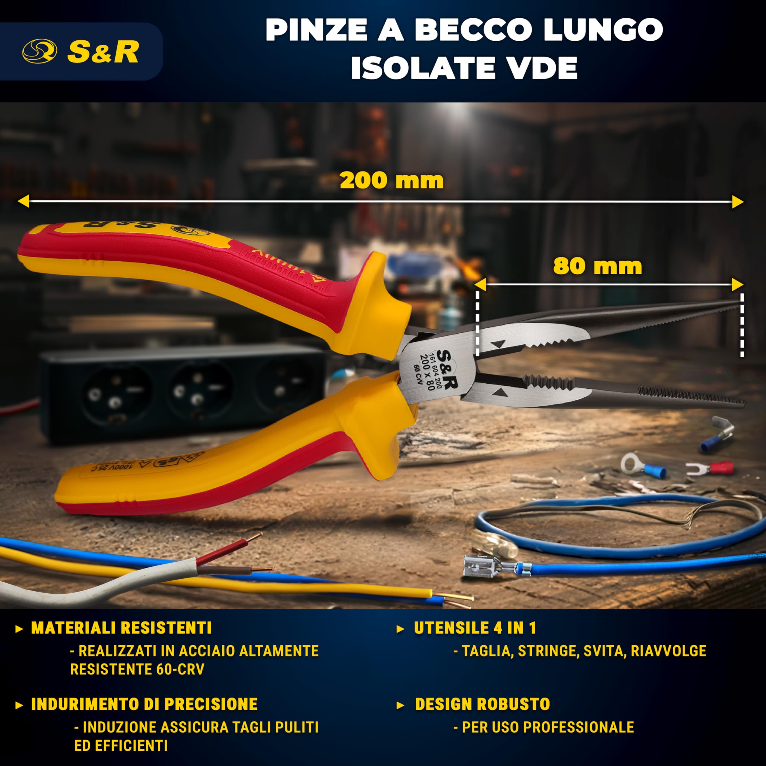 S&R Pinze a becco lungo certificate VDE. Pinza elettricista in acciaio al cromo-vanadio fosfatato.