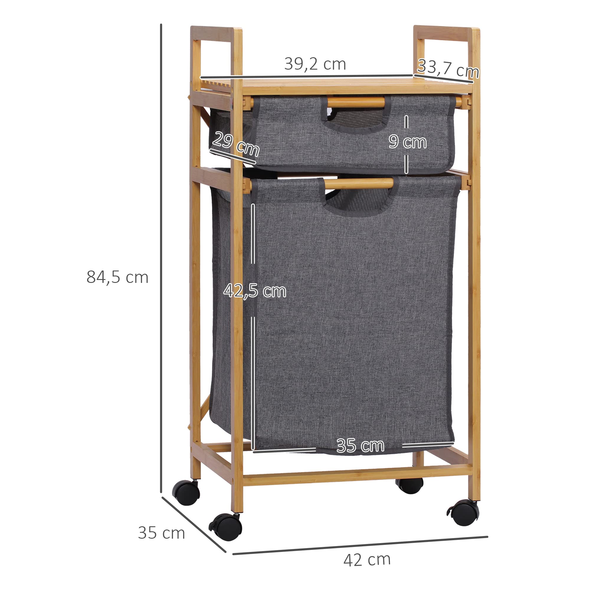 HOMCOM Mueble Cesto para Ropa Sucia de Bambú 2 Bolsas 42x35x84,5 cm Gris | Cesta para la Colada, 2 Bolsas de Tela Extraíbles, Estante Abierto, 2 Asas Laterales, 4 Ruedas