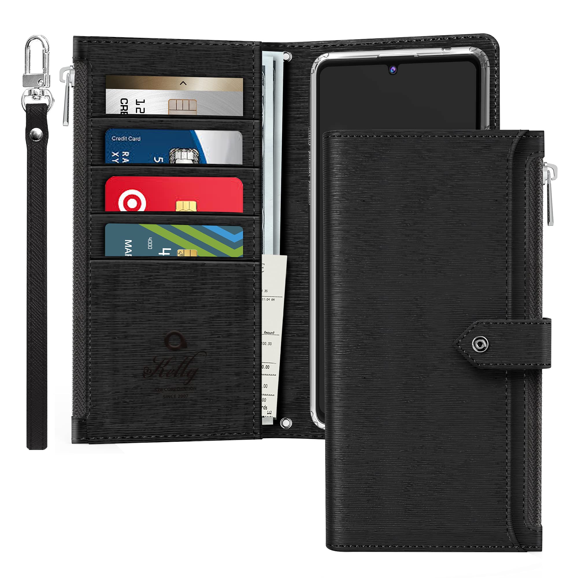 JUST4YOU Zipper Wallet Case for Samsung Galaxy A10e / Jean2 with Wrist Strap Premium PU Leather Folding Stand Card Holder Flip Case (Black) CS_FC_ZC_GA10E_GJ2_BK