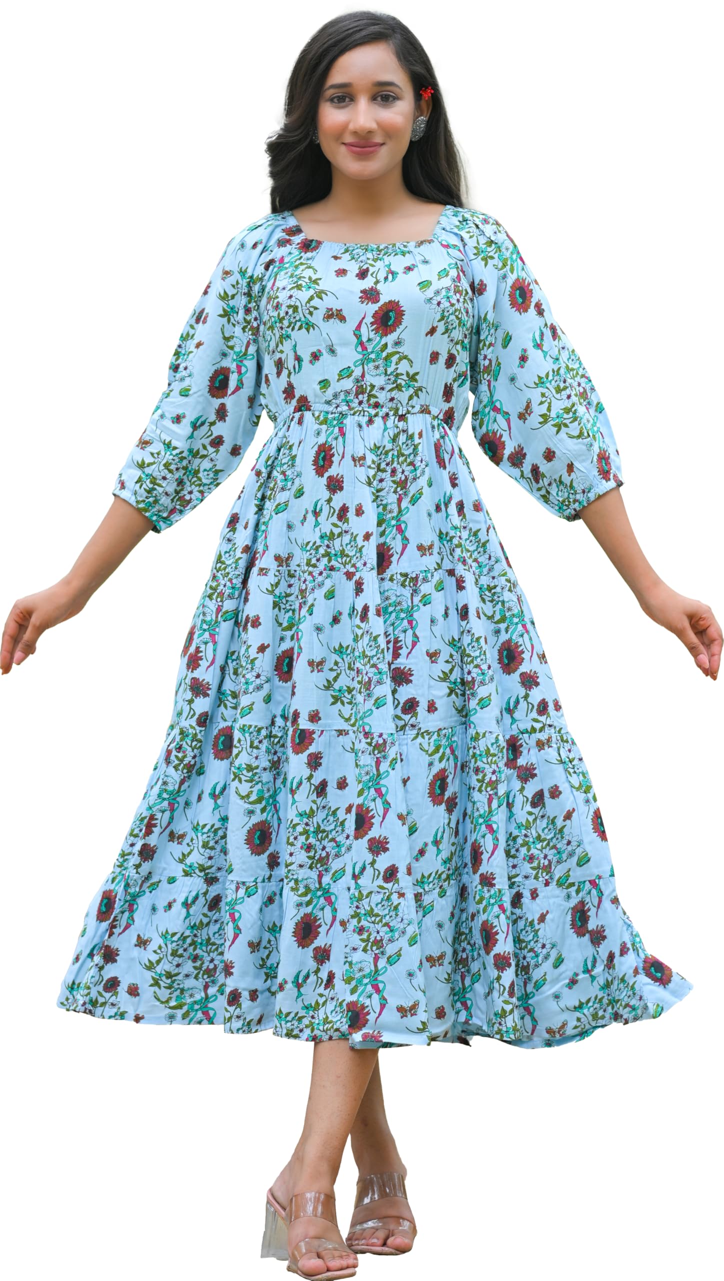 Yash Gallery Women's Rayon Floral Printed Tiered Style Maxi Dress