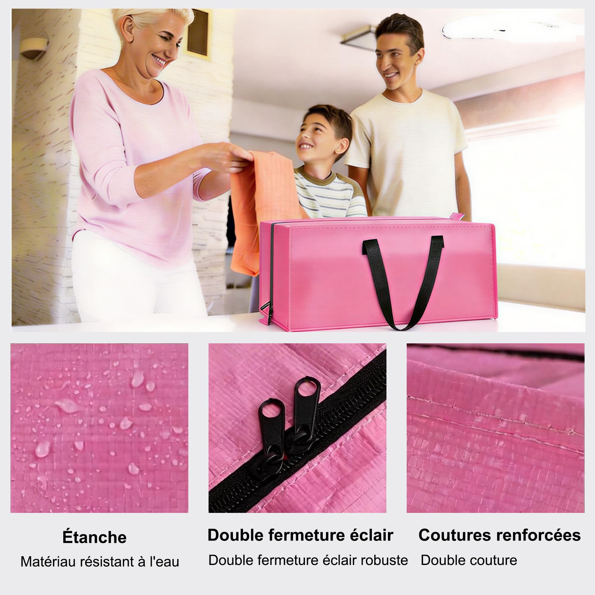 FUSHITON Sachets de Déménagement Rose 6 Pièces, Extra Large 83L Sacs de Rangement avec Fermeture Éclair & Poignées Renforcées, Sacs Pliables pour Déménagement, Vêtements, Literie