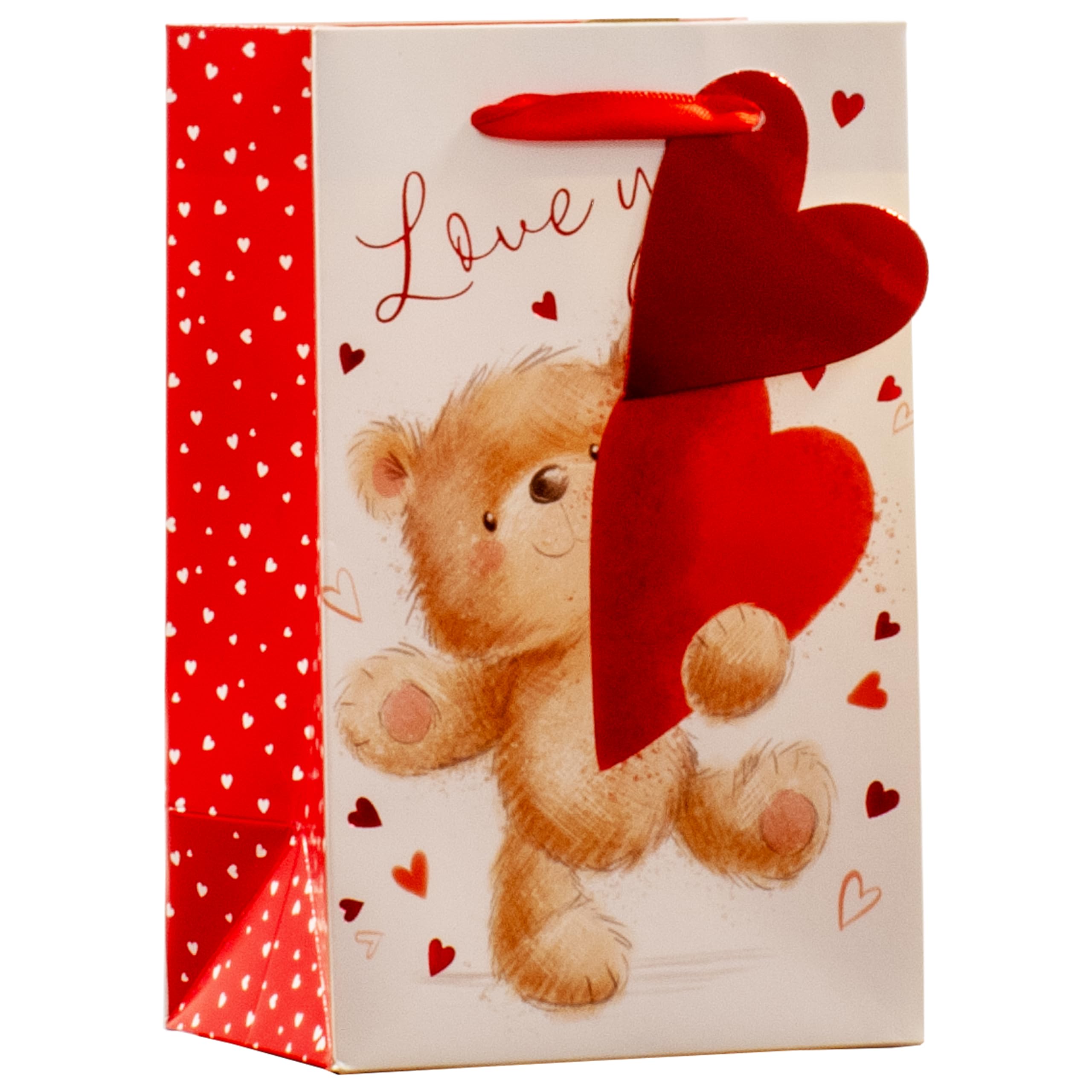Design By Violet Love You Bear Valentine’s Small Gift Bag – Cute Teddy Bear Heart Design with Ribbon Handle, Romantic Valentine’s Day Gift Bag for Presents