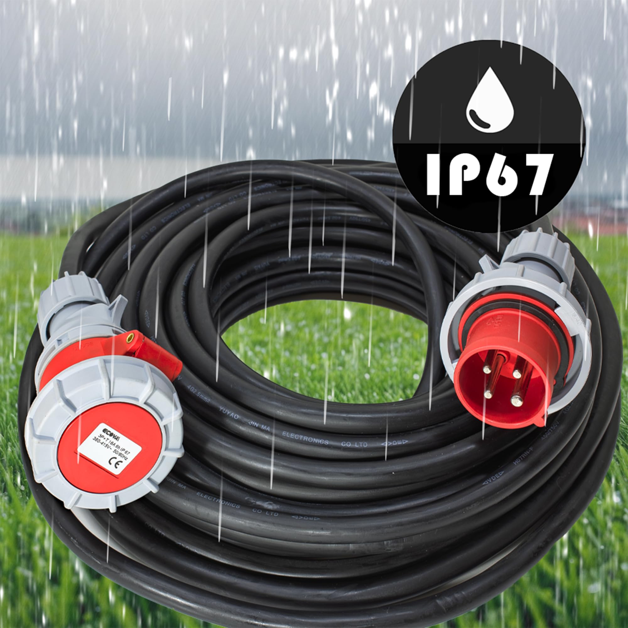 Prolunga Elettrica Trifase Industriale Professionale 20 Metri - Spina e Presa CEE trifase 4 Poli 16A, Cavo 4G2.5 - Protezione IP67 - Cavo con Rivestimento in Neoprene Antirottura h07rn-f
