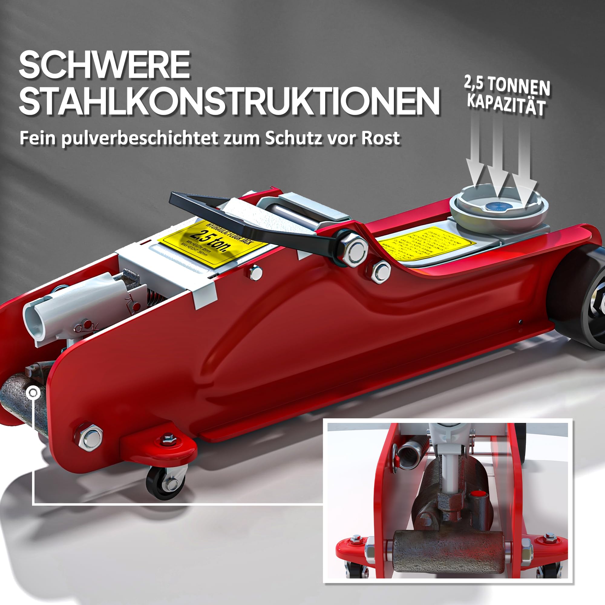 HOMCOM Hydrauliczny podnośnik samochodowy, do 2,5 t, do samochodów osobowych, SUV, wysokość podnoszenia 80-380 mm | podnośnik manewrowy, kółka 360°, podnośnik samochodowy, podnośnik, warsztat