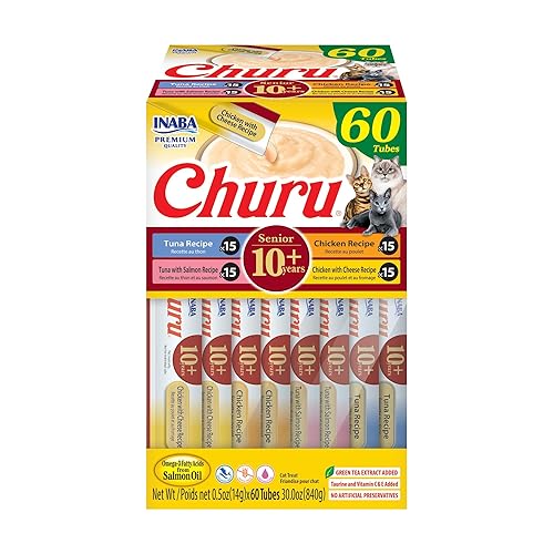 INABA Churu for Senior 10+, Creamy Lickable Cat Treats with Taurine, Vitamin E & C, 0.5 Ounces Each, 60 Tubes, Tuna & Chicken Variety - Tuna & Chicken Variety - 1 Count (Pack of 60)