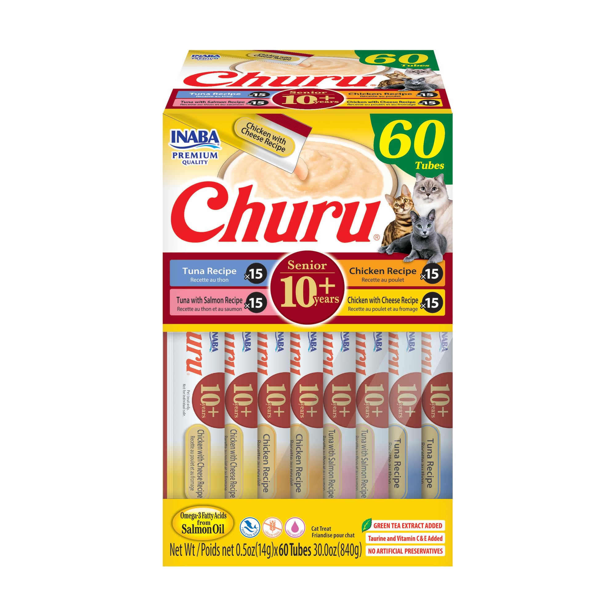 INABA Churu Senior Lickable Cat Treats, Tuna Chicken Variety, 60ct