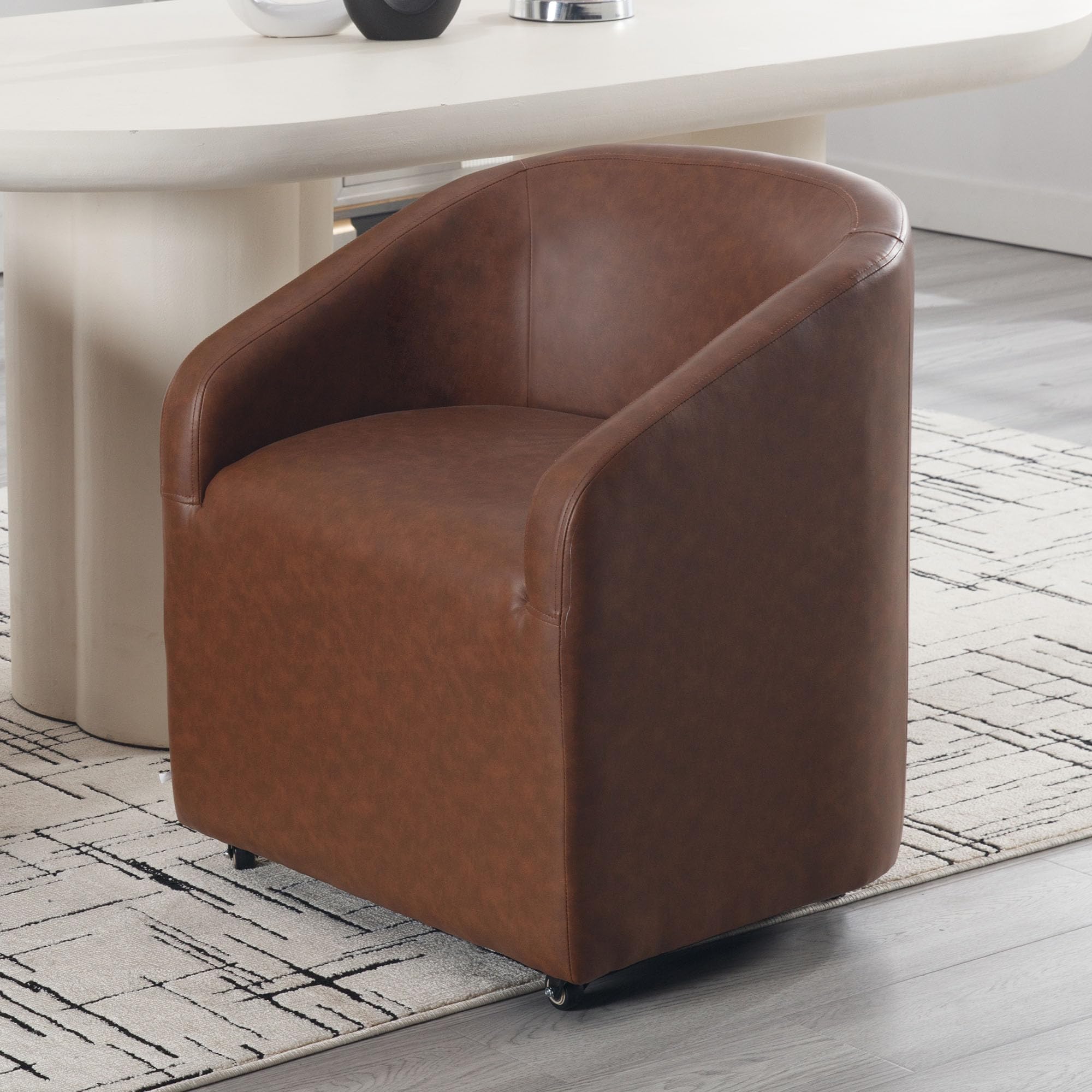 BESTANO Brown Dining Chairs with Casters, Faux Leather Upholstered Barrel Dining Chairs with Rollers Armchairs Comfy Small Accent Chairs with Arms for