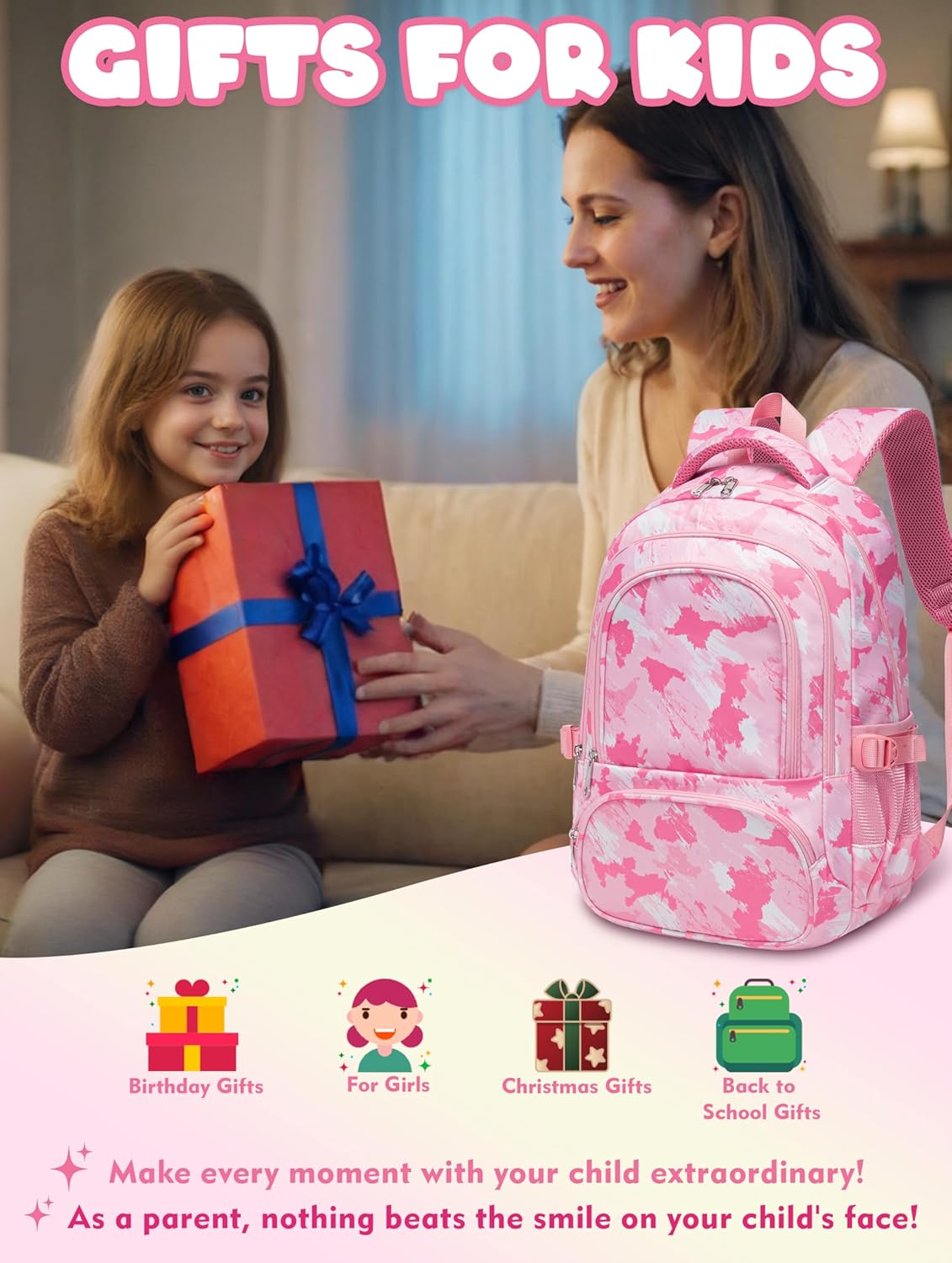 BLUEFAIRY Kids Backpacks for Boys Girls Ages 6-8 8-10 Elementary Primary Middle School Backpack 17 Inch Back to School Bookbag with Laptop Sleeve Mochilas Escolares para Niños Niñas (Pink)