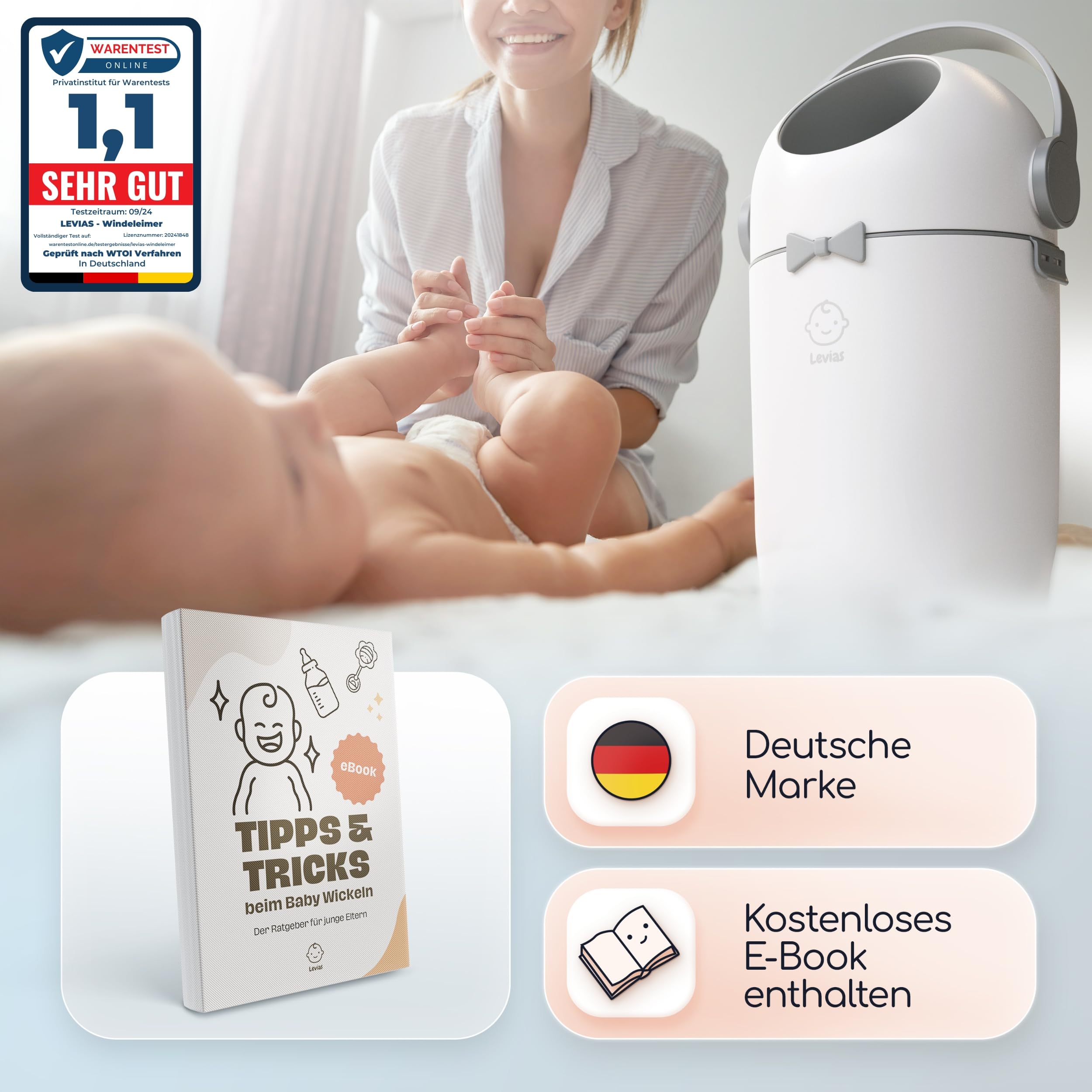 Levias® Windeleimer Baby Mülleimer Geruchsdicht | Windelmülleimer Geruchsdichter Wickeleimer ohne teure Nachfüllkassetten 10L Volumen