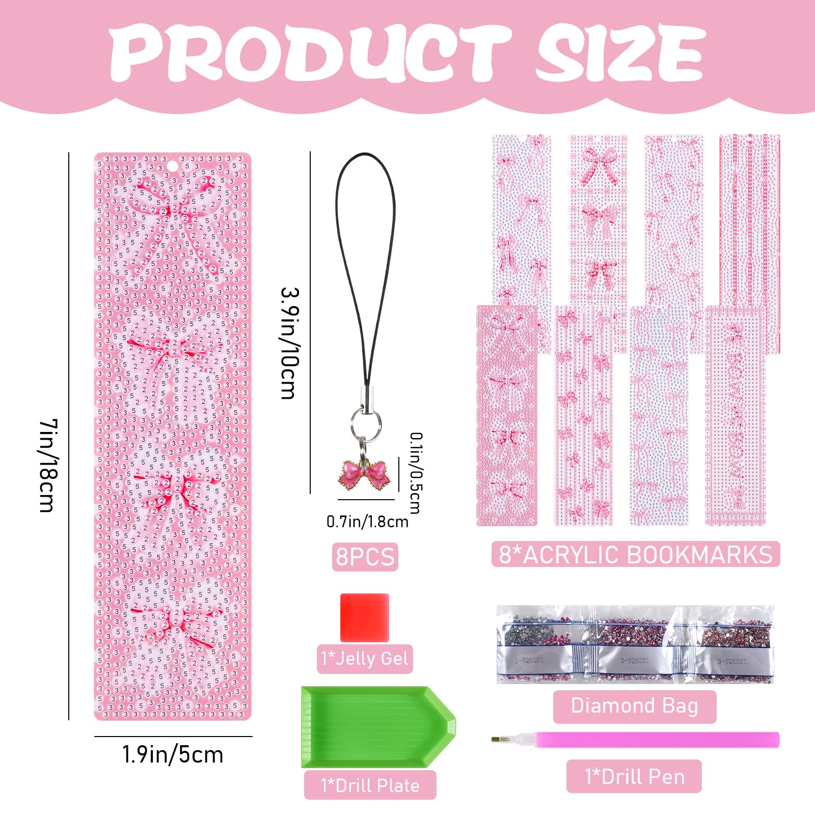 8PCS Pink Bow Diamond Art Bookmarks,5D Pink Bow Acrylic Bookmark, Tassel Bookmark DIY Making Beginner Children Adult Craft Supplies - Image 2
