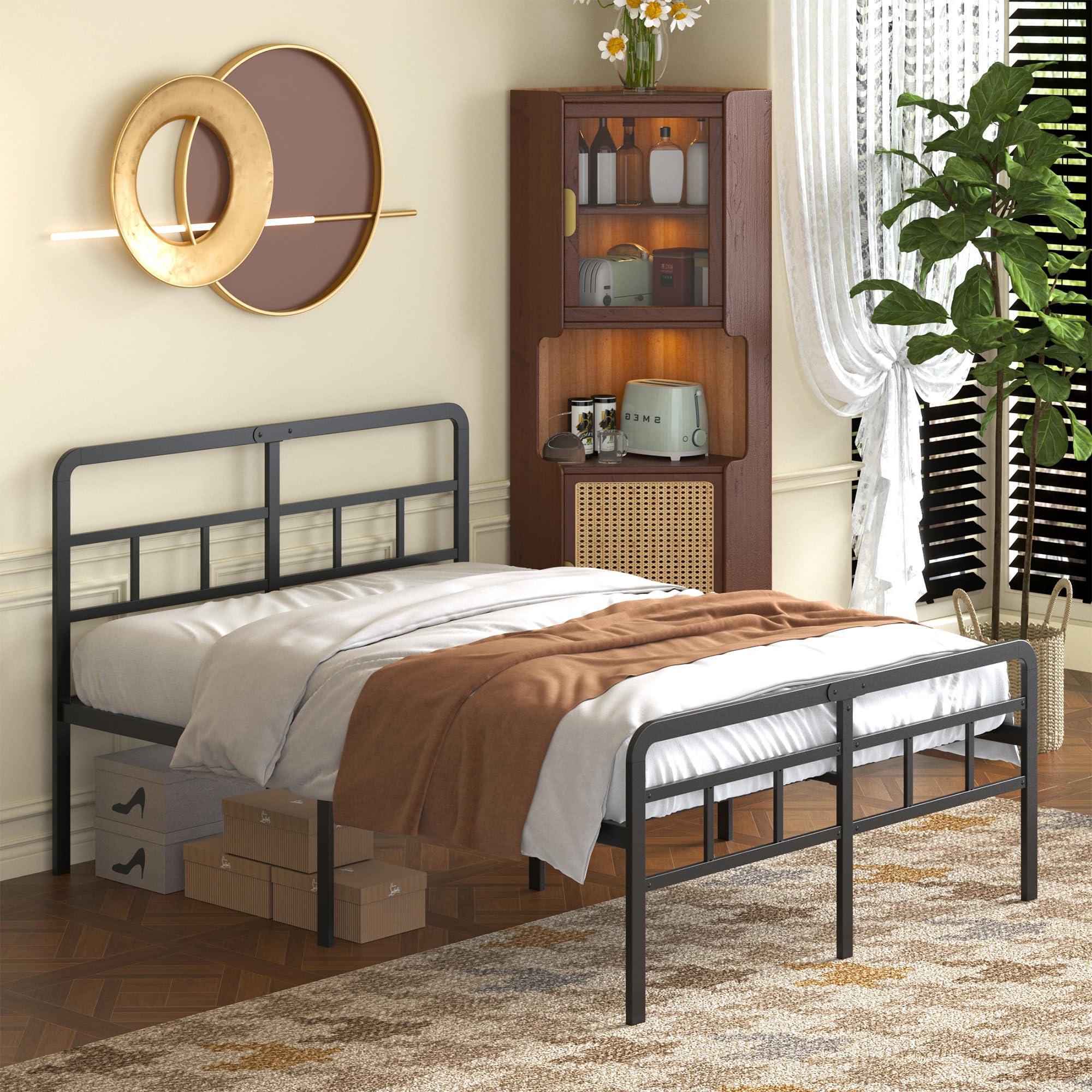 18 Inch Queen Bed Frame with Headboard and Footboard Heavy Duty Metal Platform, No Box Spring Needed, Easy Assembly Mattress Foundation, Noise Free, Black