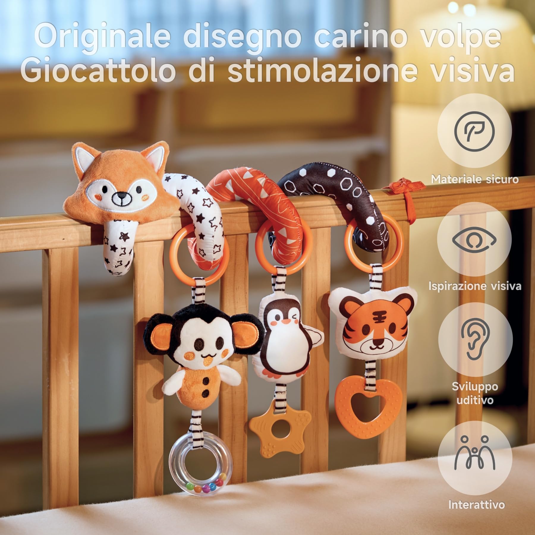 TUMAMA Giochi Spirale da Passeggino per Neonato 0 2 3 6 9 12 Mesi, Peluche Bianco e Nero Spiral Passeggini Giocattolo Gioco per Neonati Bambina Ragazzo, Volpe Culla Carrozzina con Sonaglio Teether