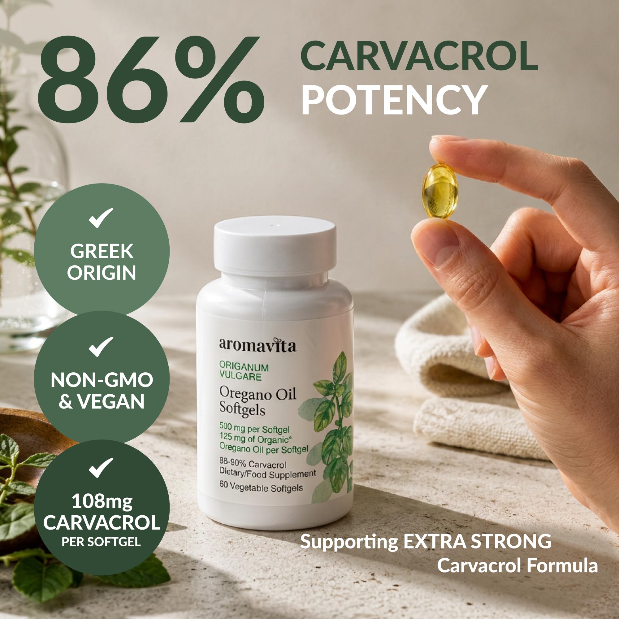 Capsule di Olio di Origano con 86-90% di Carvacrolo (108 mg per Capsula Molle) - Integratore ad Alta Potenza per il Supporto Digestivo - Antiossidante Naturale a Base di Piante, Vegano - 60 Capsule