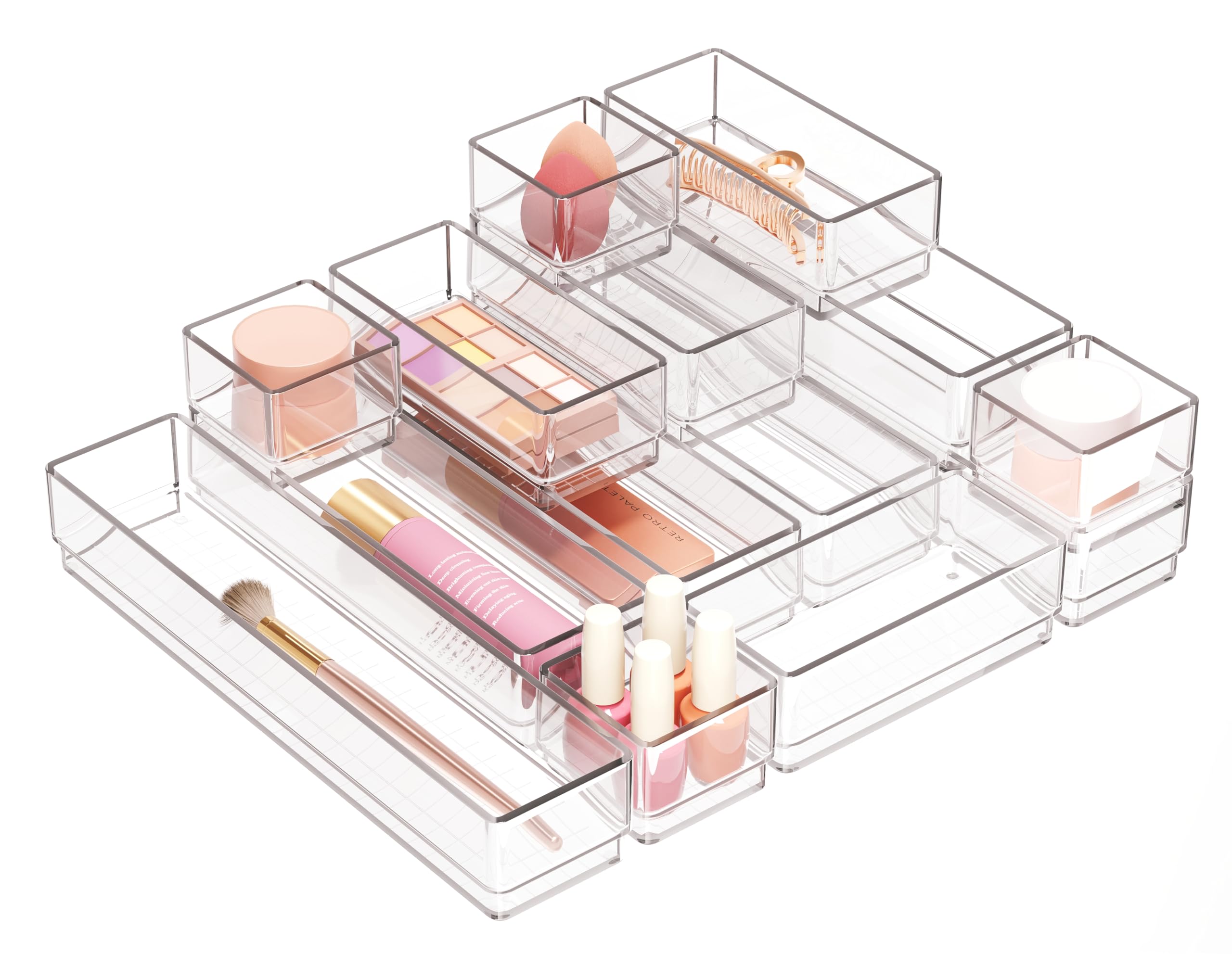 DCA 14-Piece Clear Drawer Organizers Set, 4 Sizes Storage Trays for drawers in Bathroom, Kitchen, Vanity or Office desk, Medicine Cabinet