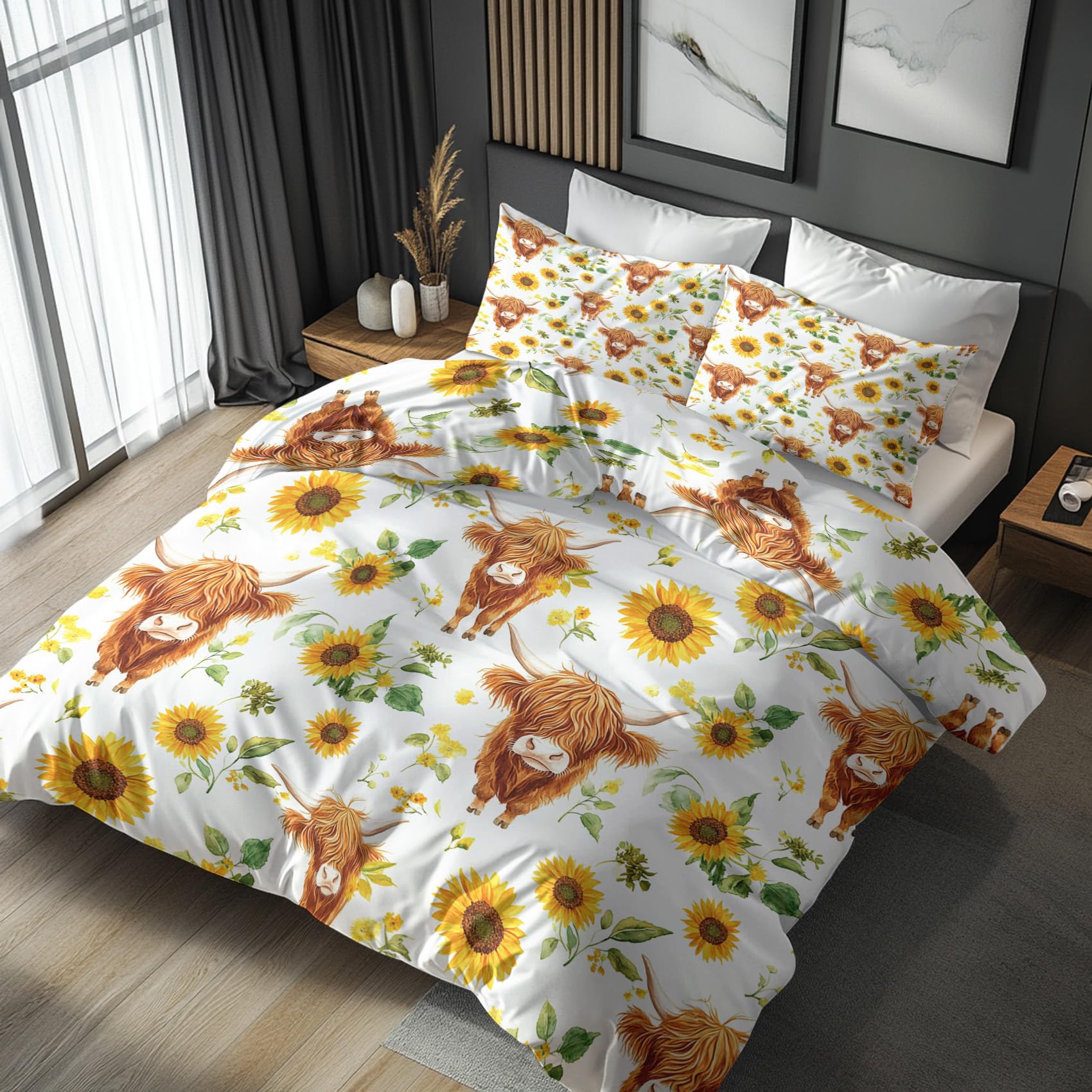 NOGAWA Highland Cow Bedding Double - Sunflower Duvet Cover Double, Reversible Quilt Cover & 2 Pillowcases with Zip and Ties, Ultra Soft and Breathable Brushed Microfibre Bed Set
