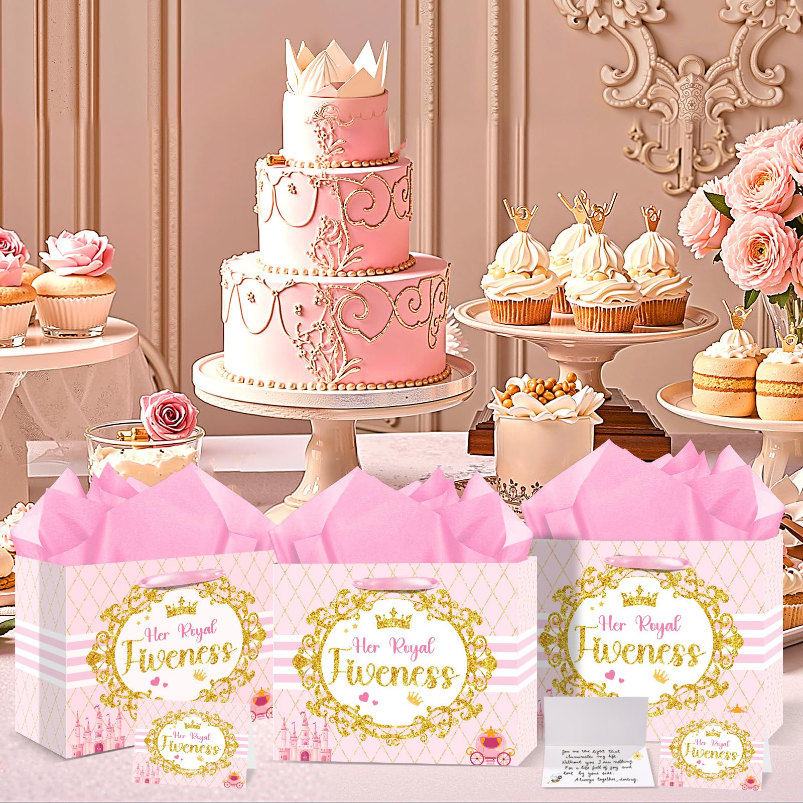 Princess Gift Bags Pink Happy 5th Birthday Party Favors Bag Princess Birthday Party Decorations with Wrapping Tissue Paper and Greeting Card for 5 Year Old Girls Kids Baby Shower Party Supplies Decor