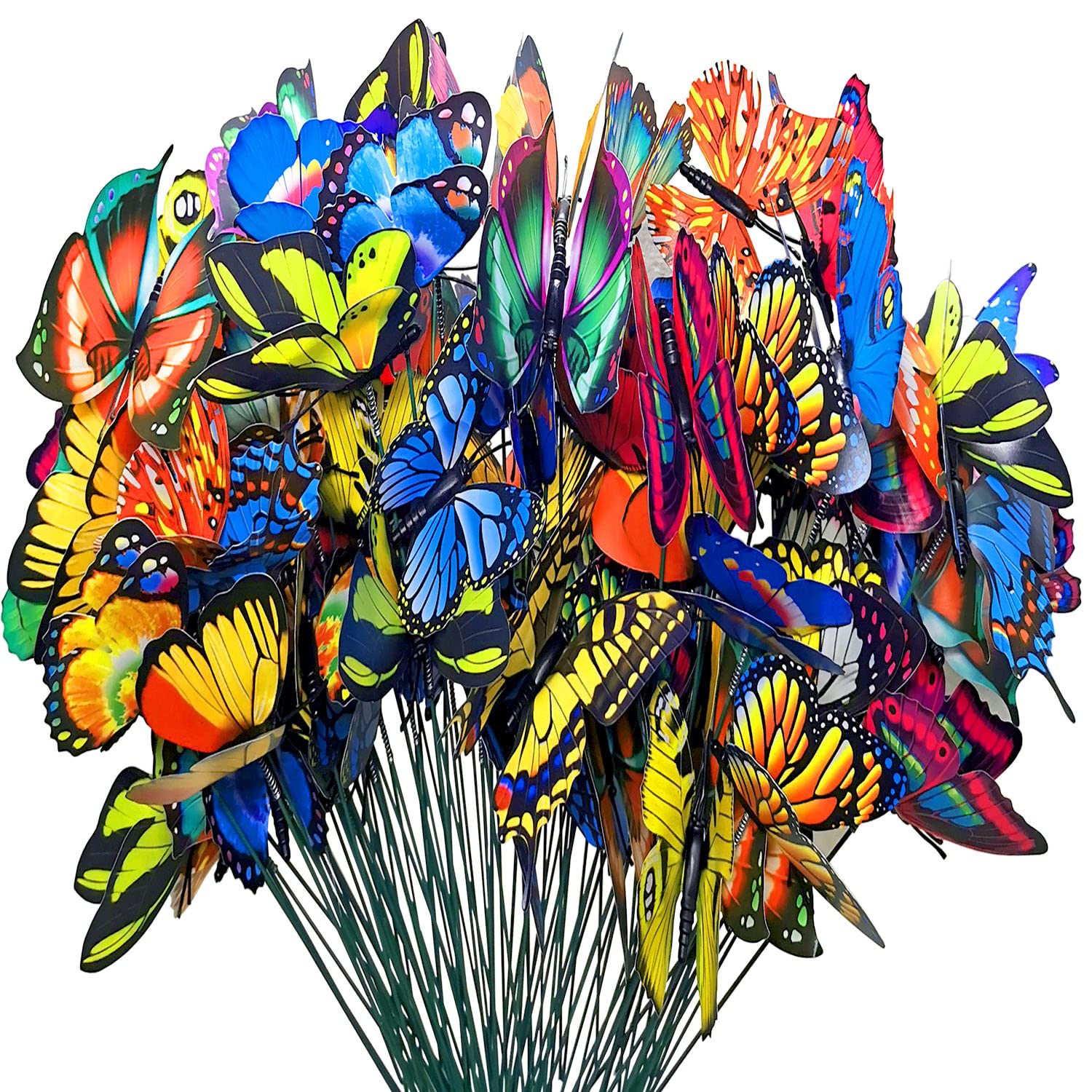 Antallcky 100pcs Butterfly Stakes Outdoor Yard Planter Flower Pot Bed Garden Decor Butterflies Christmas Decorations, Artificial Butterflies on Metal Wire Plant Stake Stems-Multicolor