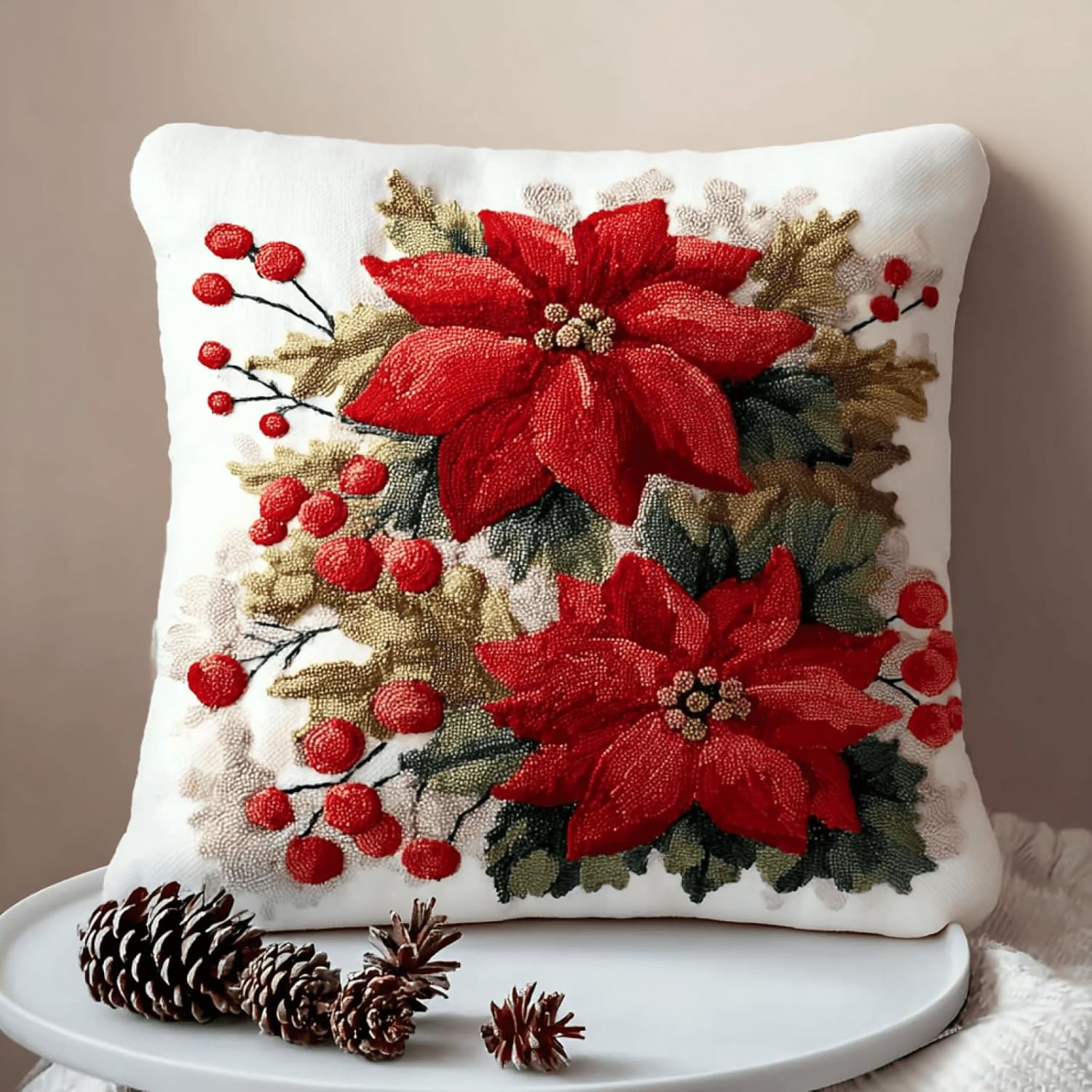 Christmas Latch Hook Pillow Kit for Adults,Christmas Poinsettia Flowers,DIY Cushion Making Set with Color Canvas,Pre-Cut Yarn & Hook Tool,17x17 Inch Handmade Needlework Craft for Home Décor & Gifts