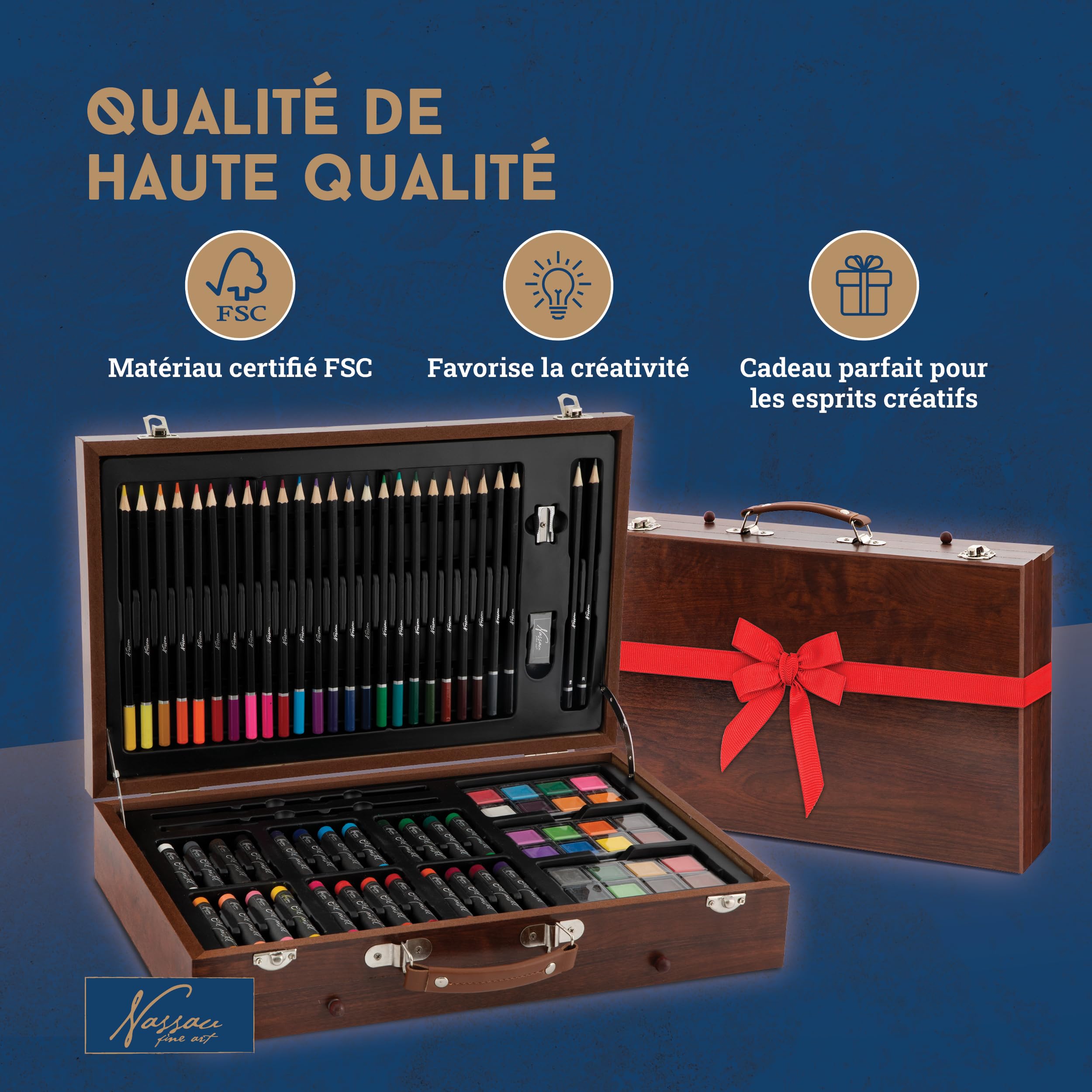 Nassau Fine Art Mallette de coloriage | Boîte à dessin d'art dans boîte de rangement en métal | Boîte de créativité pour enfants et adultes | Crayons de couleur, aquarelle, pastels | Loisirs, école et
