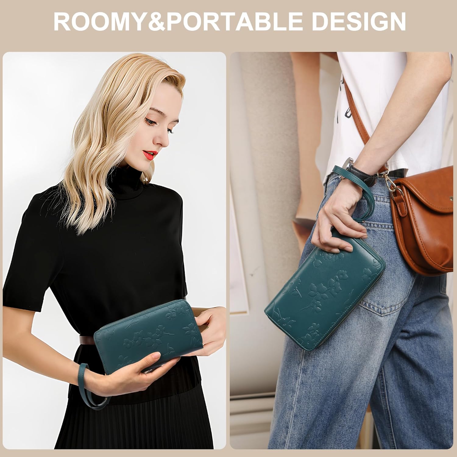 Womens Wallet RFID Blocking Large Capacity Leather Double Zip Wristlet Wallet Credit Card Phone Passport Holder for Travel Ladies Clutch Purse - Image 6