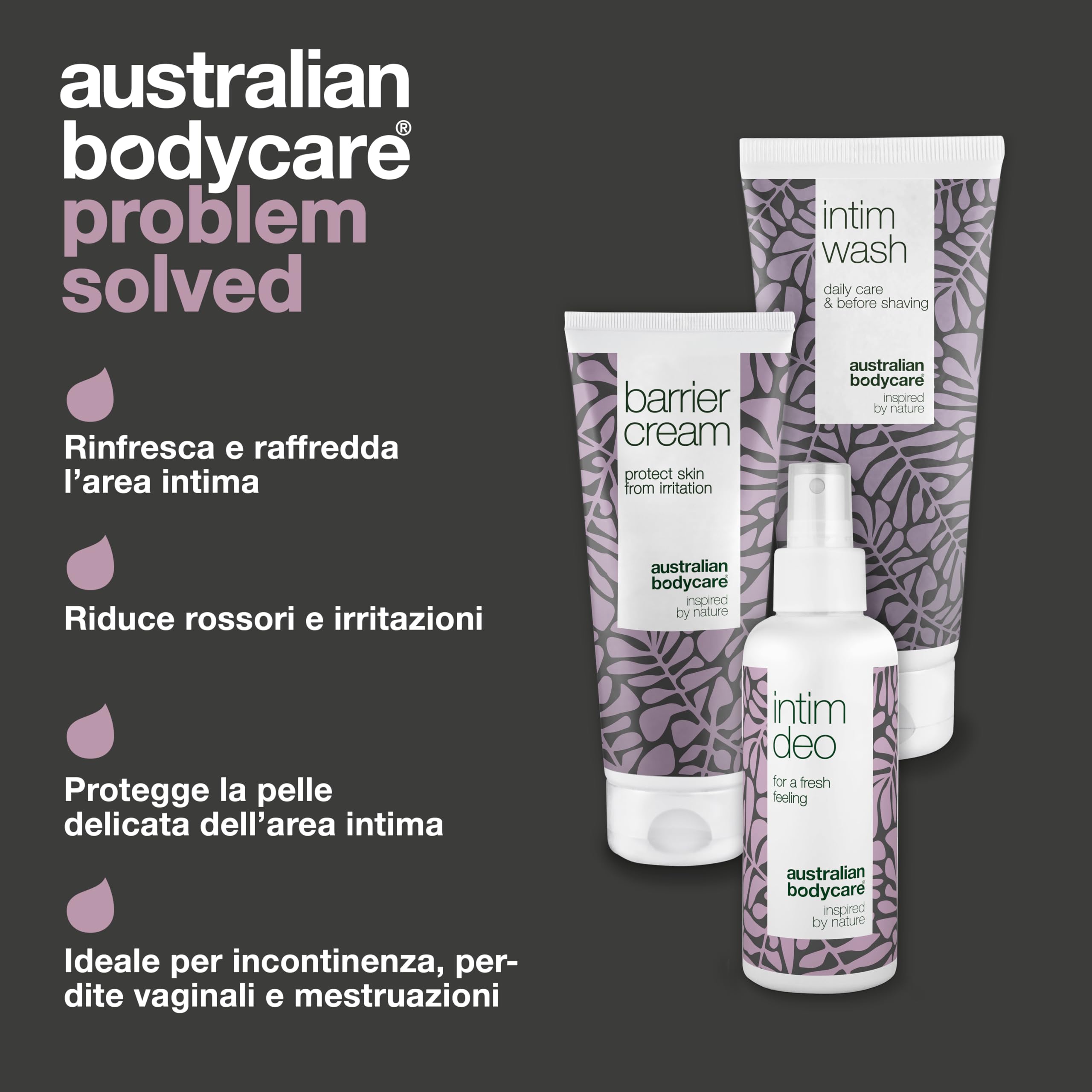 Kit per ridurre disagio e cattivo odore intimo dovuti all’incontinenza | Detergente intimo al Tea Tree Oil (200 ml), crema barriera (100 ml) e deodorante intimo (100 ml) contrastano batteri e odore