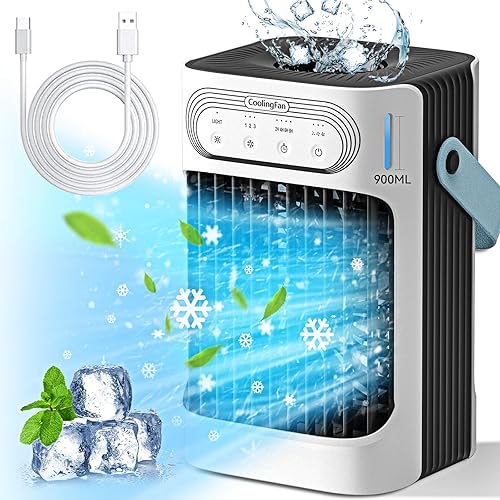 Aire acondicionado portátil, mini aire acondicionado portátil 3 en 1, tanque de agua de 30.4 fl oz, 3 velocidades de viento, 7 luces LED,