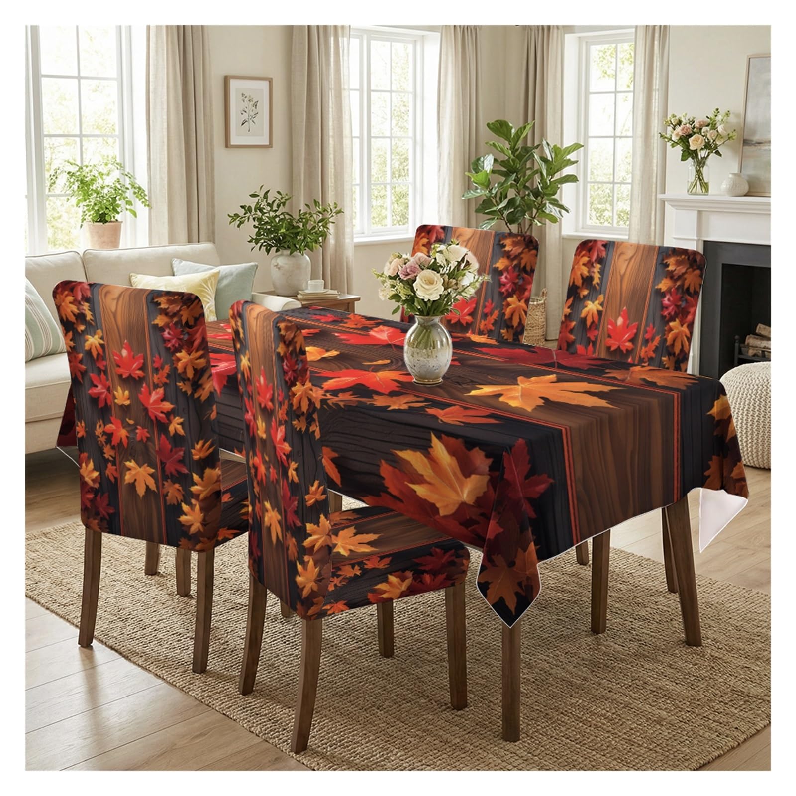 KXUAUV Autumn Maple Leaf Wood Print Stretch Dining Chair Covers Tablecloth Set, For Kitchen Dining Living Room Farmhouse Decor, 5/7 Pack Party Decor(5pcs Set: Tablecloth+Chair Covers)