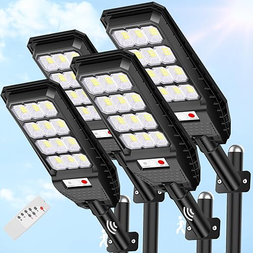 VUAA Paquete de 4 farolas solares impermeables para exteriores, 6500 K, 6000 lúmenes, luz LED de calle del atardecer al amanecer, luces solares con