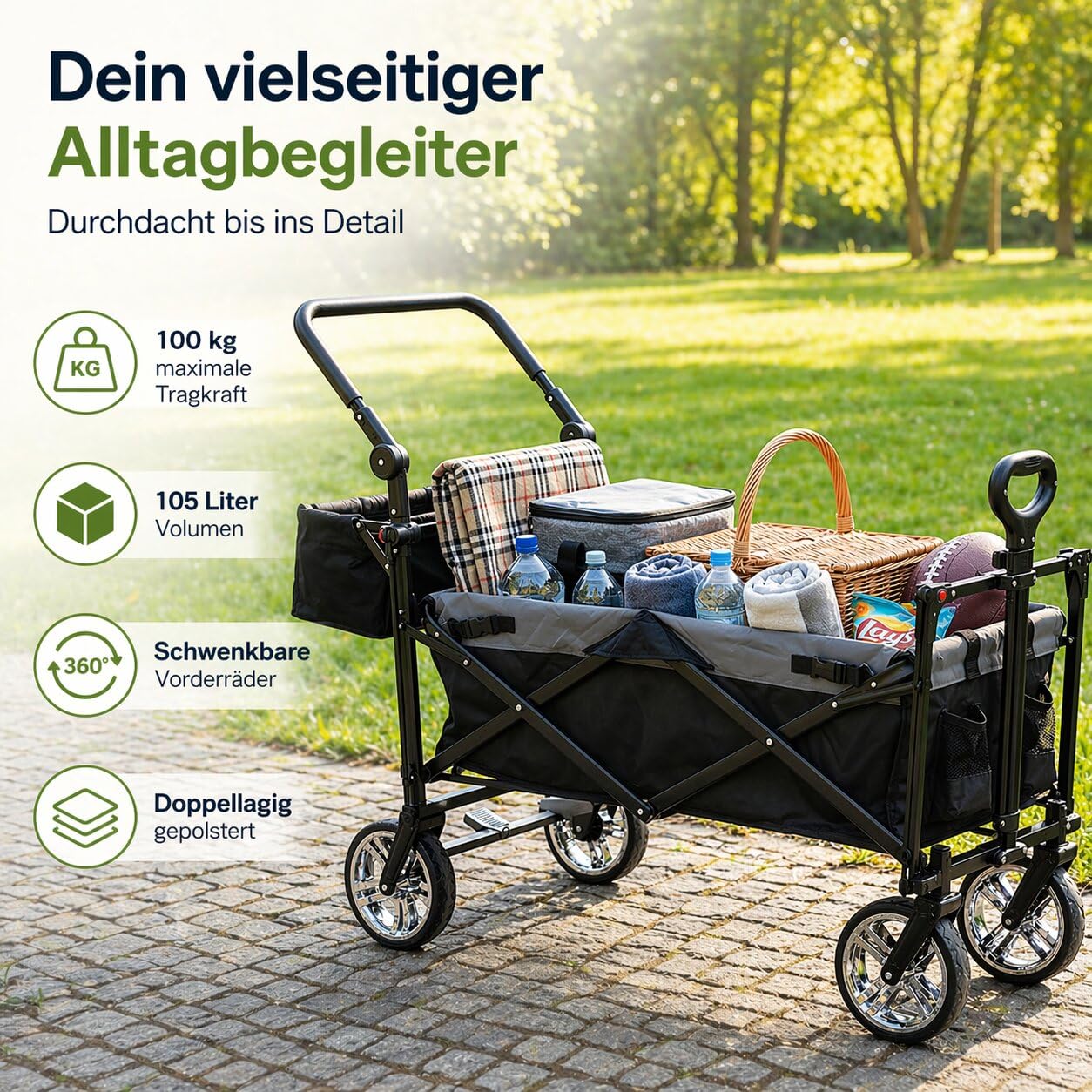 Bollerwagen faltbar mit Dach 105L 100kg Schiebegriff & Teleskop-Ziehstange 2 Feststellbremsen + Zentralbremse hinten 3-Punkt-Gurtsystem XXL-Hecktasche Bollerwagen mit Dach