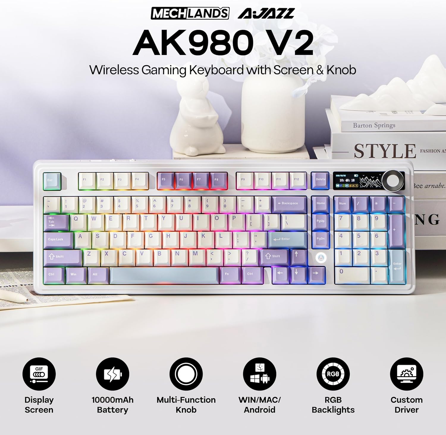 MechLands AJAZZ AK980 V2 Mechanical Gaming Keyboard with Display Screen, 10000mAh Battery, 98% Wireless Keyboard with BT/USB-C/2.4GHz, Hot Swappable, Linear Switch, Knob, RGB for Win/Mac (White) image 2