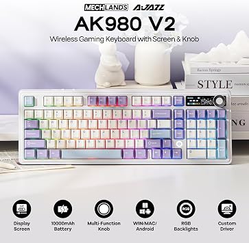 MechLands AJAZZ AK980 98% Mechanical Keyboard BT5.0/USB-C/2.4GHz Wireless Gaming Keyboard Hot-Swappable Creamy Custom Keyboard 1.14'' TFT Screen Knob RGB for Win/Mac White, Gift V2 Axis