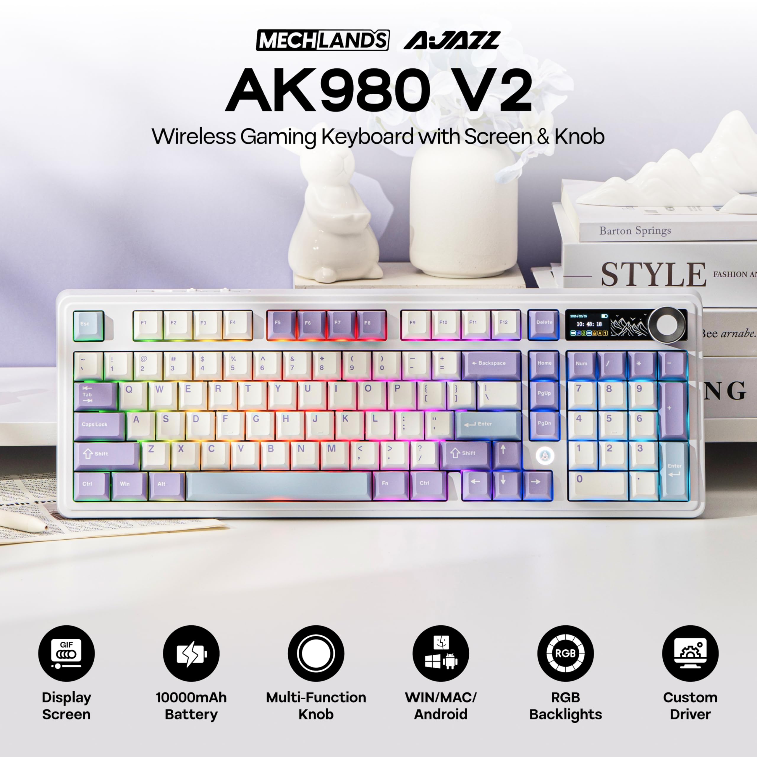 MechLands AJAZZ AK980 V2 Clavier de jeu mécanique avec écran, batterie de 10 000 mAh, clavier sans fil 98 % avec BT/USB-C/2,4 GHz, Hot-Swap, bouton RGB pour Windows/Mac (blanc)
