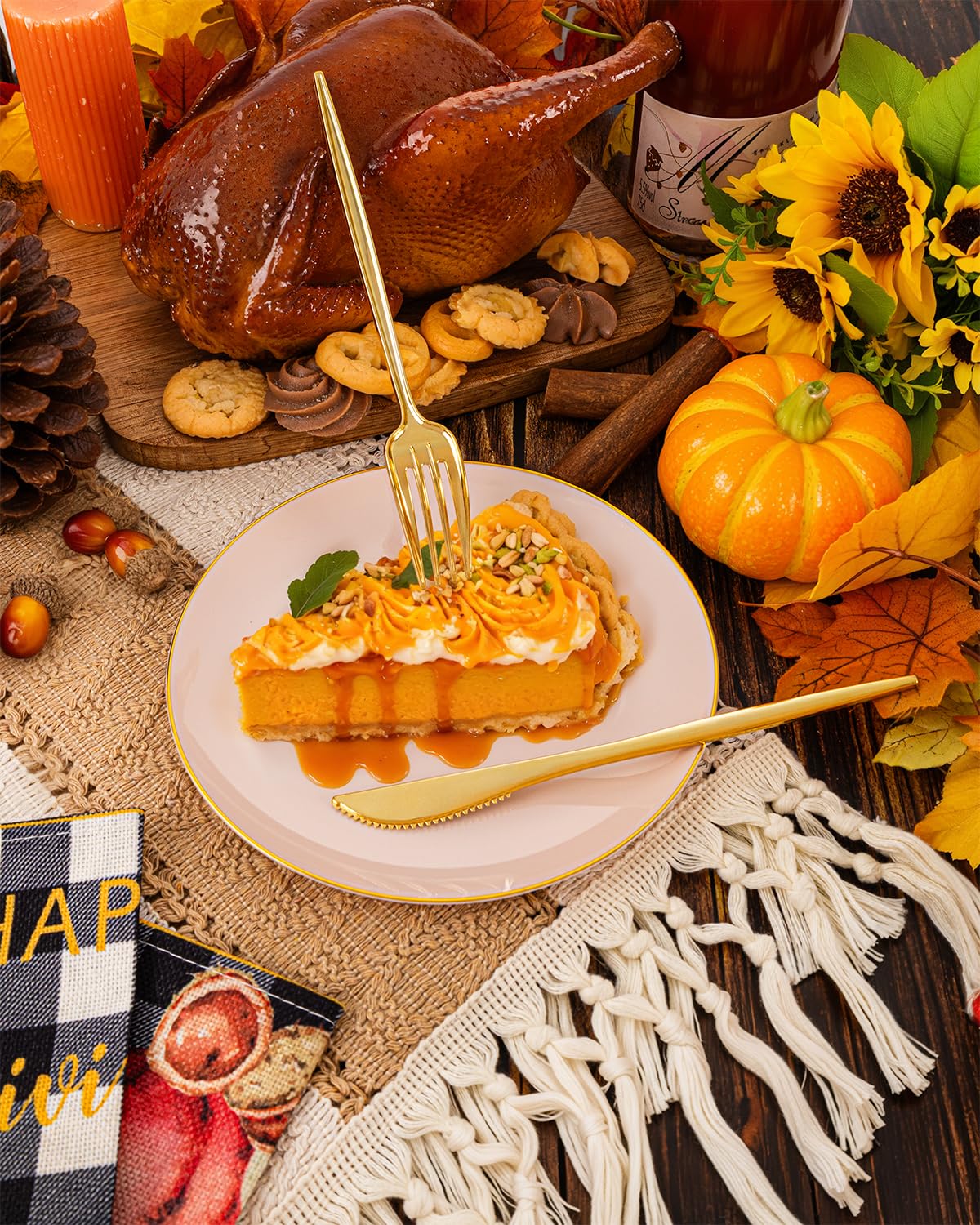 PULOTE 150PCS Thanksgiving Gold Plastic Silverware Disposable - Heavy Duty Gold Plastic Cutlery - Gold Plastic Utensils Set Include 50 Knives,50 Forks,50 Spoons for Party&Wedding