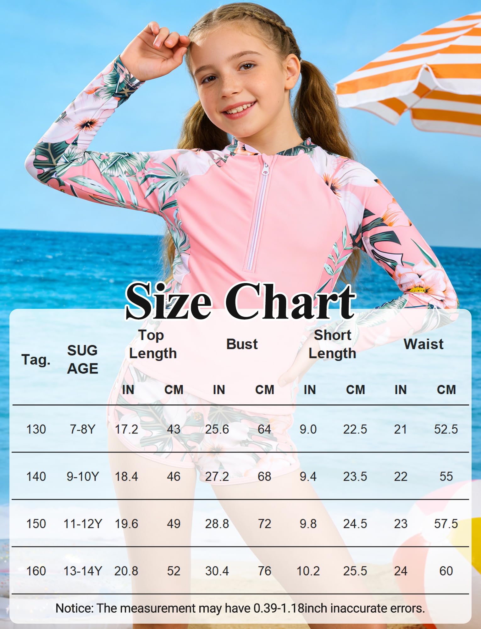 SEAUR Enfant Fille Maillot de Bain 2 Pièces Manches Longues Ensemble Rashguard Protection Solaire Rash Guard 1/2 Zip Séchage Rapide 130-160