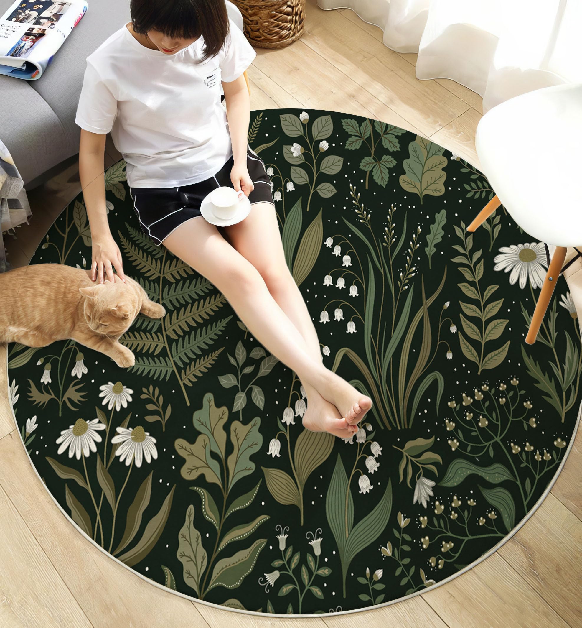 Tappeto Salotto Rotondo Grande Pelo Corto, Piante E Fiori Retrò Grandi Antiscivolo Tondo Moquette,Felci Margherite Bambini Camera,Domestica Decor Tappeti (Ø 120 cm,Verde Scuro)